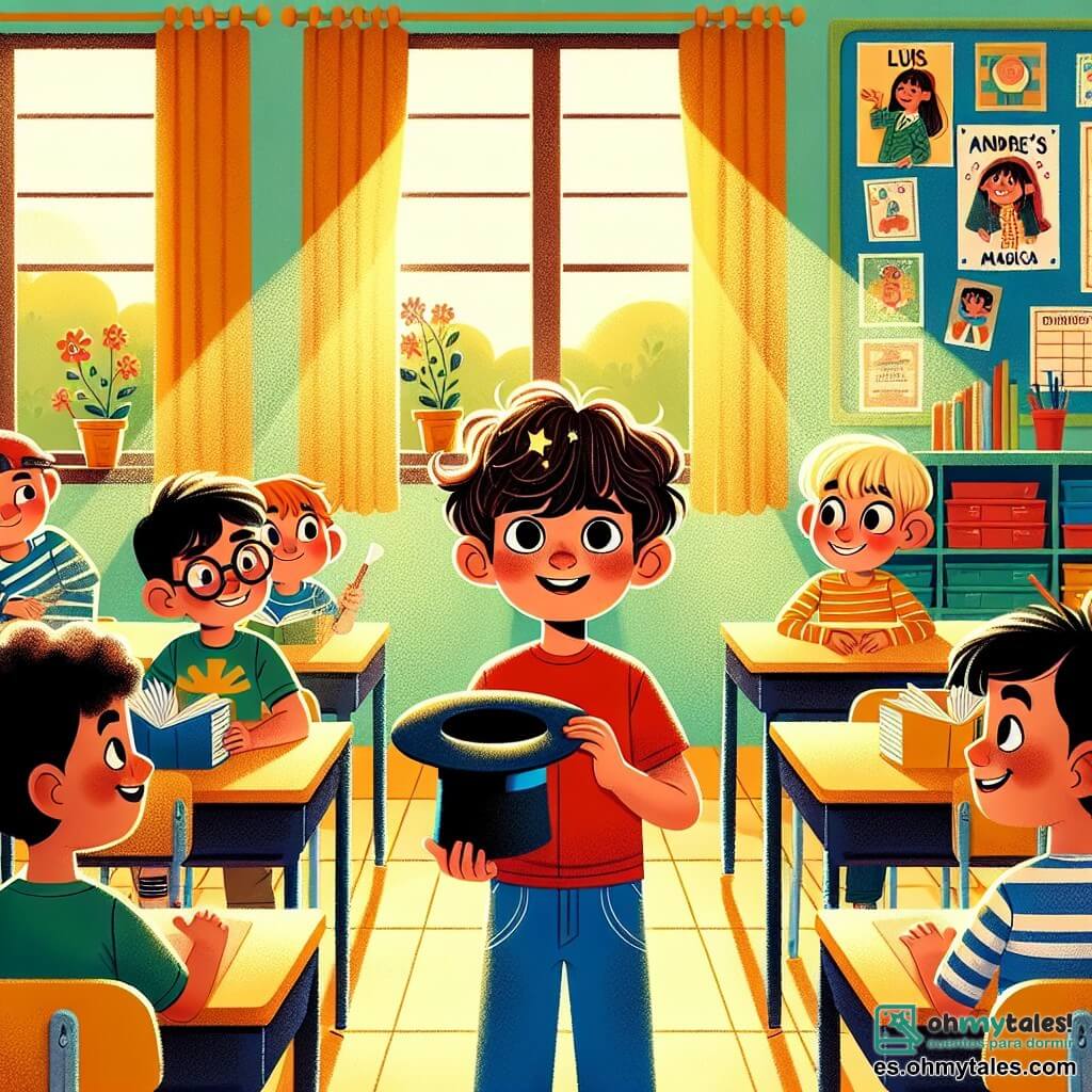 En un aula colorida, vemos a tres chicos. Pablo, un niño de nueve años con cabello castaño desordenado y una gran sonrisa, está en el centro, vestido con una camiseta roja y pantalones azules, sosteniendo un sombrero de mago en una mano. A su derecha, Luis, un niño de nueve años con gafas redondas y cabello negro, lleva una camisa a rayas y sostiene un libro abierto, mirando a Pablo con admiración. A la izquierda, Andrés, un niño de nueve años con cabello rubio y una prótesis en la pierna, viste una camiseta verde y sonríe alegremente, listo para aplaudir a su amigo. El aula está llena de colores vivos: paredes pintadas de amarillo y azul, carteles educativos colgados y escritorios de madera bien organizados. La luz del sol entra por la ventana, creando una atmósfera alegre y acogedora. La escena principal muestra a Pablo a punto de realizar un truco de magia, con una expresión decidida, mientras sus amigos lo animan. La emoción es palpable, y se pueden ver estrellas en los ojos de Pablo, listo para asombrar a su público.