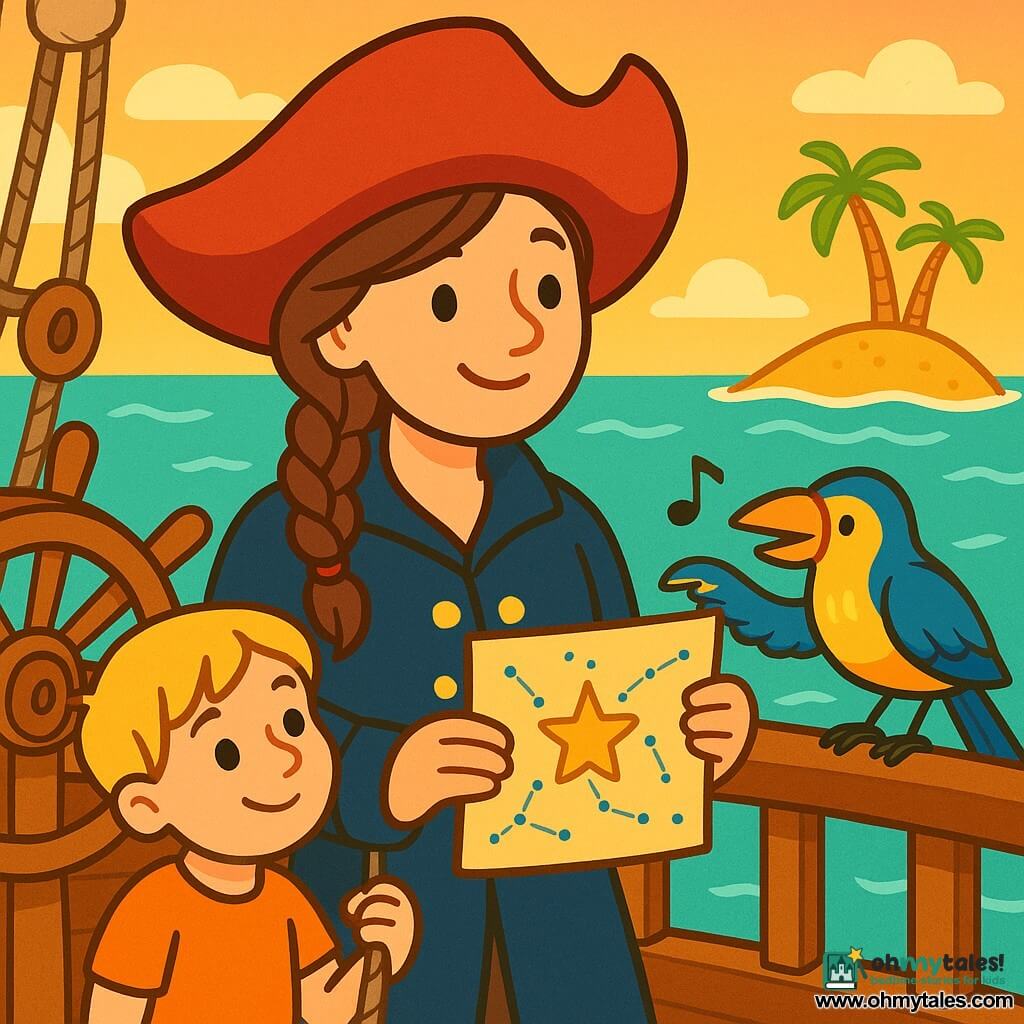 A smiling, kind female pirate with a wide red hat and braided brown hair, fair skin, wearing a navy coat with gold buttons, holds a small star map and looks to the horizon; a small blue-and-yellow seabird with a long beak perches on the railing to her right, pointing at the map and singing; a curious blond boy of about 10 stands by the wheel to her left holding a rope; warm wooden small boat with visible planks and pulleys, calm turquoise sea with gentle pearly waves, tiny island with golden sand and leaning palms in the orange sunset sky; main scene: pirate shows the map to her crew, soft reassuring mood, clear simple composition, bright contrasting colors, rounded shapes, clean outlines, vector style for toddlers.