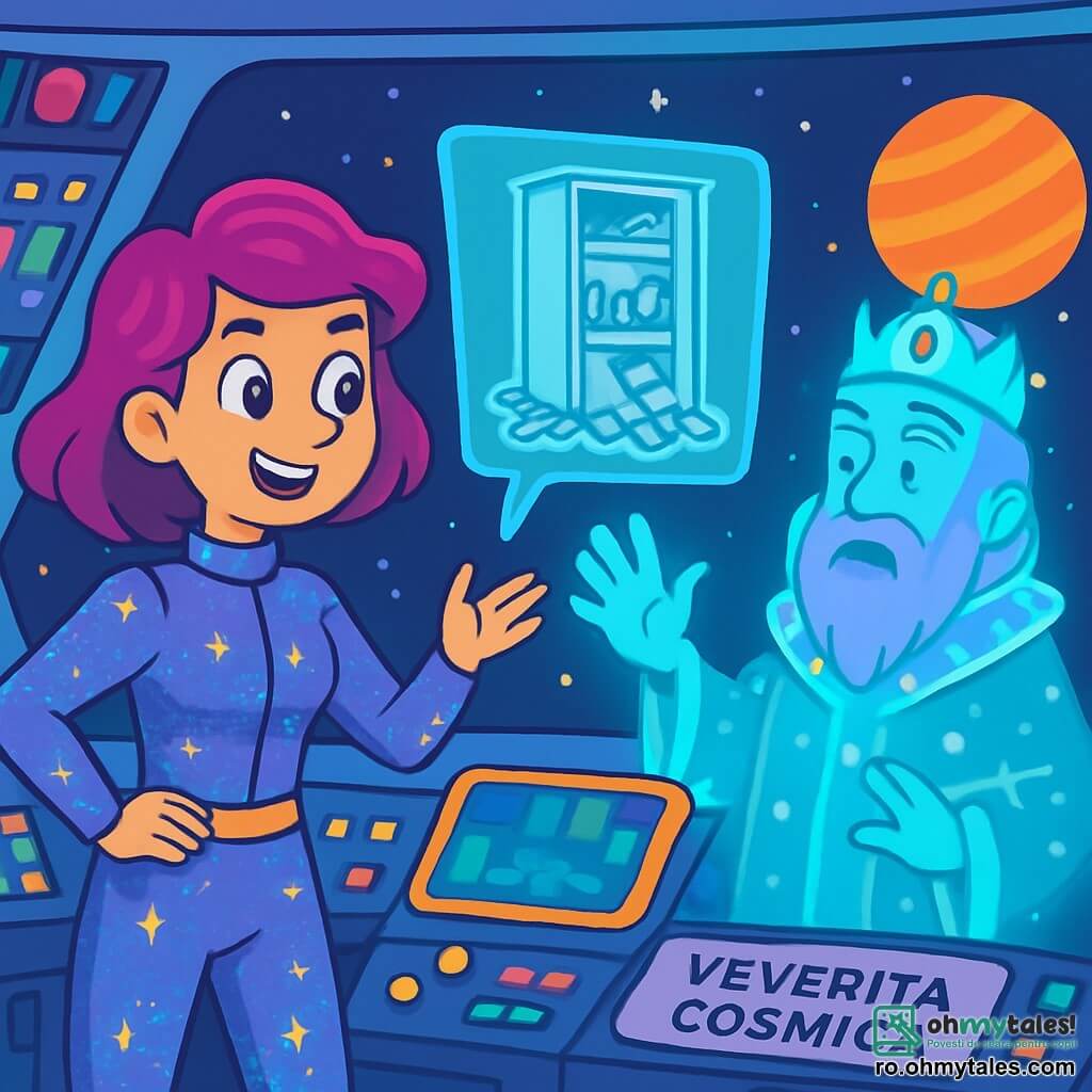 Sirina, o femeie cu părul violet strălucitor și ochi plini de curiozitate, stă pe puntea navei sale spațiale, Veverița Cosmică. Ea poartă o combinație futuristă strălucitoare, decorată cu motive de stele, iar fața ei exprimă o determinare veselă în timp ce analizează ecranul holografic din fața ei. Alături de ea, hologramul Împăratului Maximalus XIII, un bărbat în vârstă cu barbă mov și o robă regală iluminată, gesticulează cu urgență, încercând să transmită gravitatea situației. Locul este un cockpit spațios și colorat, plin de butoane luminoase și panouri de control flotante, cu feronerie panoramică ce oferă o priveliște spectaculoasă asupra unui ocean de stele strălucitoare și planete colorate. Sirina se pregătește pentru o călătorie intergalactică, hotărâtă să găsească Cristalul Logico-Magico, în timp ce Împăratul îi explică gravitatea amenințării care planează asupra universului, cu imagini de dulapuri haotice sub greutatea șosetelor desperecheate proiectate pe ecran.
