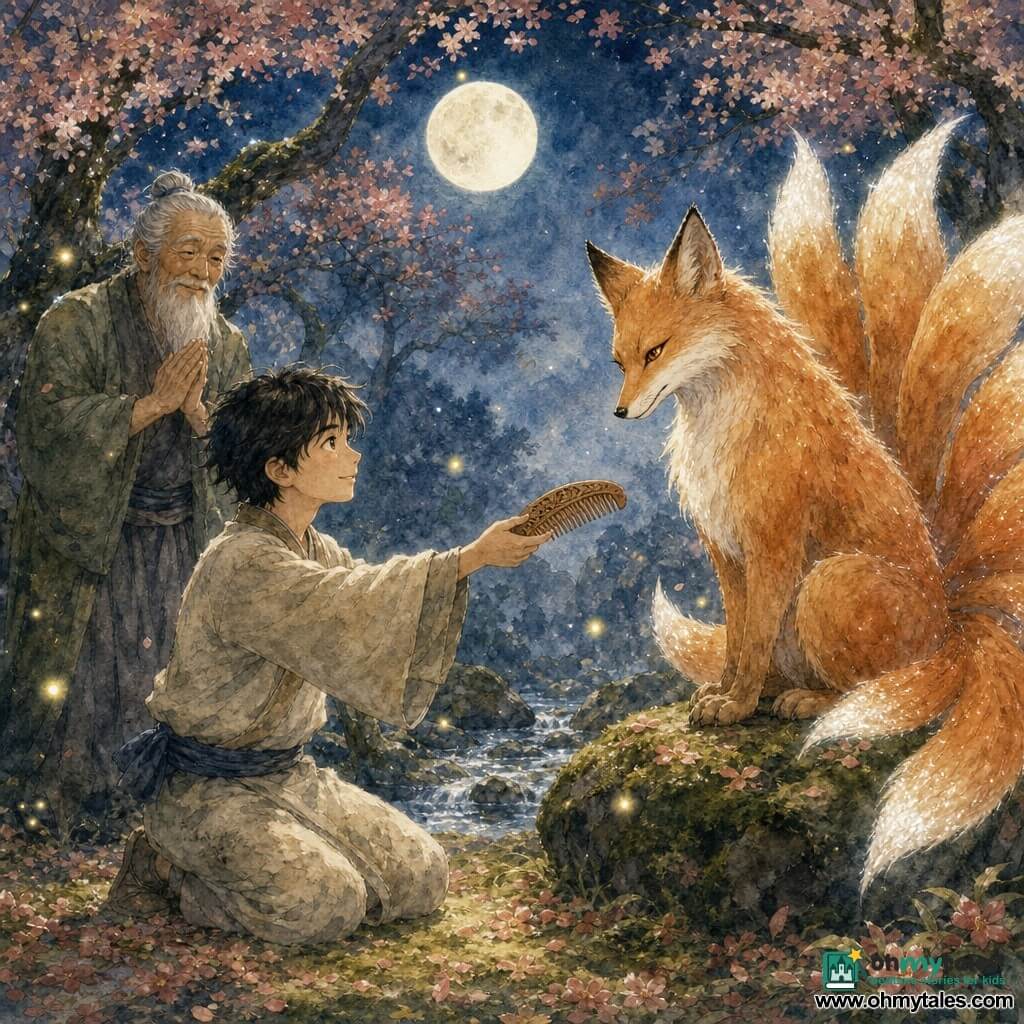 A gentle, smiling man named Hiroshi with tousled black hair, wearing a simple cream kimono and indigo sash, kneels on moss and offers a finely carved wooden comb to a large nine-tailed kitsune—an amber-eyed, copper-orange fox with golden highlights and white-tipped tails—sitting on a mossy stone; a kindly elderly forest guardian with a long white beard and weathered green robe stands by a small sparkling stream in the moonlit clearing strewn with red and pink cherry leaves and drifting fireflies, the silver moonlight illuminating faces and creating a peaceful, magical watercolor-like atmosphere.