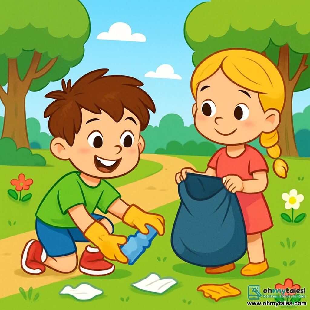 A 6-year-old boy, Tommy, with messy brown hair and a big joyful smile, is wearing a bright green t-shirt and blue shorts. He is crouching down, picking up a plastic waste with a gloved hand, his face beaming with enthusiasm and pride. Next to him, a 6-year-old girl, Lily, with braided blonde hair and a pink dress, holds a trash bag and smiles at Tommy, ready to help. In the background, the park is lush with majestic trees, colorful flowers, and a bright blue sky, though some litter still lies on the ground. The scene shows Tommy and Lily cleaning the park, transforming a dirty place into a clean and welcoming space, filled with laughter and friendship.