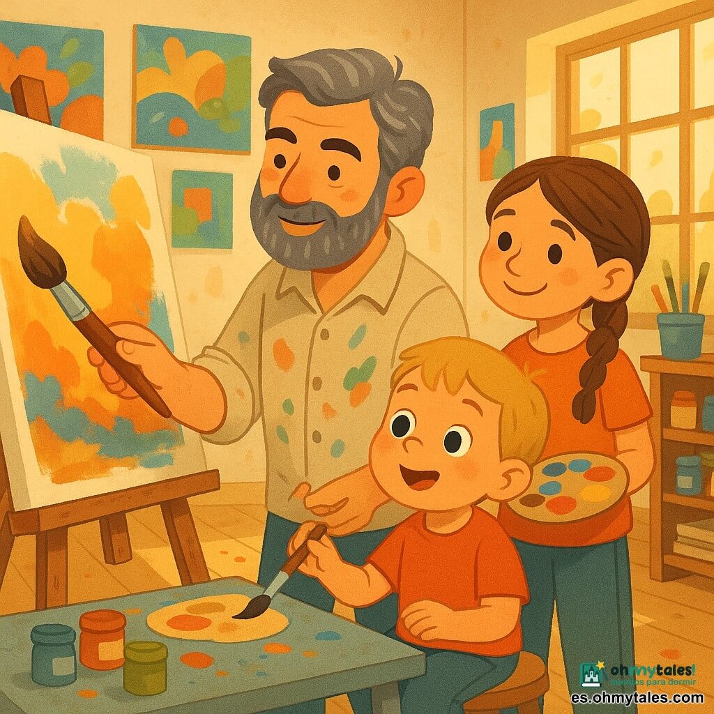 Un pintor sereno y concentrado, con barba suave y pelo canoso, camisa de mangas remangadas manchada de pintura, sostiene un gran pincel en la mano derecha y trabaja en un lienzo luminoso sobre un caballete; a su izquierda está Lucía, unos 9 años, trenza y sonrisa alentadora, sosteniendo una pequeña paleta colorida a la altura del hombro; delante, Miguel, unos 5 años, regordete y rubio, sentado en un taburete, mira asombrado mientras prueba un pincel; el taller es cálido y luminoso con grandes ventanas que producen luz dorada y paredes llenas de cuadros vivos; la escena muestra al pintor enseñando una técnica al niño y sonriendo a la niña, con composición dinámica, colores saturados y texturas de pintura visibles que transmiten una atmósfera de aprendizaje alegre y creativo.