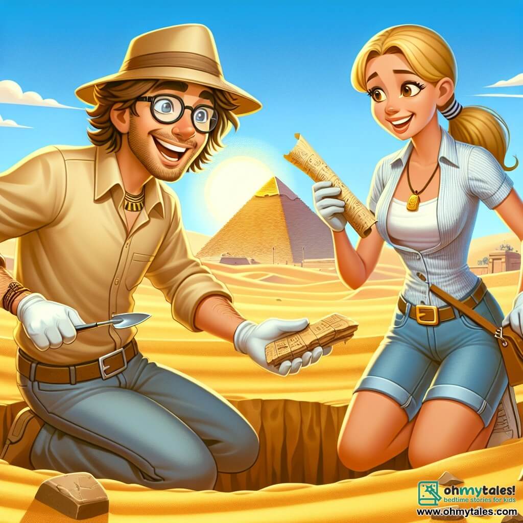 A thirty-year-old male archaeologist with messy brown hair and glasses expresses wonder as he discovers an ancient burial chamber buried under the sand. He wears a short-sleeved beige shirt, a straw hat, and gloves, crouching with a trowel in one hand and a pottery fragment in the other. Next to him, a twenty-year-old female archaeologist with a ponytail and an enthusiastic smile carefully examines a scroll of papyrus she found. She wears a blue tank top and denim shorts, standing slightly leaning towards the main character. The setting is the Giza plateau, where golden sand dunes stretch endlessly under a bright sun. In the background, the majestic silhouette of the Great Pyramid stands against a blue sky, with archaeological tools scattered around them. The scene captures the thrilling moment the archaeologist discovers the burial chamber, revealing ancient treasures and secrets buried for centuries, while a gentle breeze lifts the sand around them.