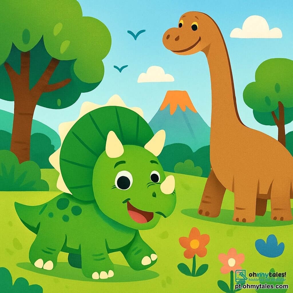 Um tricerapto chamado Tico, com uma pele verde brilhante e três chifres majestosos, está alegremente no centro da imagem, sorrindo com olhos brilhantes de felicidade. Ao lado dele, um branquiossauro grande e amigável, com um longo pescoço e pele marrom clara, observa Tico com um sorriso caloroso, ligeiramente recuado. O cenário é um lindo vale verdejante, repleto de árvores altas com folhas brilhantes e flores coloridas que dançam ao vento. Ao longe, um majestoso vulcão se ergue sob um céu azul claro, adicionando um toque de aventura à cena. Tico e seus amigos exploram seu novo lar, correndo alegremente pelo campo, cheios de excitação e risadas, prontos para descobrir as maravilhas de seu novo ambiente.