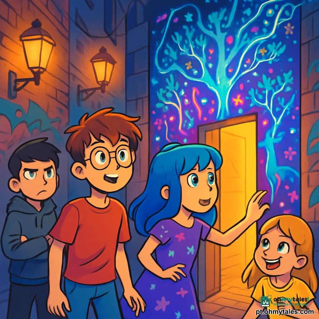 Há 4 crianças: Davi, um garoto de 12 anos com cabelo castanho bagunçado e óculos redondos, vestindo uma camiseta vermelha e jeans, está no centro, olhando com curiosidade para o mural misterioso; Luna, uma menina de 11 anos com cabelo azul e olhos brilhantes, vestida com um vestido roxo com estrelas, está um pouco à frente, pronta para tocar o mural; Pedro, um garoto de 12 anos com cabelo preto e sobrancelhas franzidas, vestido com um moletom cinza, está um pouco atrás, observando os arredores com desconfiança; Sofia, uma menina de 10 anos com cabelo loiro e um grande sorriso, vestindo uma camiseta amarela e um short de jeans, está ao lado de Davi, rindo e incentivando o grupo. O cenário é uma rua escura da cidade, com paredes cobertas de grafites coloridos e postes de luz emitindo uma luz dourada. Um mural mágico, vibrante de cores neon, retrata árvores luminosas e animais fantásticos, iluminando a escuridão ao redor. A cena principal mostra as crianças descobrindo o mural que se abre, revelando um corredor misterioso. A excitação e a curiosidade estão visíveis em seus rostos enquanto se preparam para entrar em um mundo mágico, cercados por uma atmosfera de aventura e mistério.