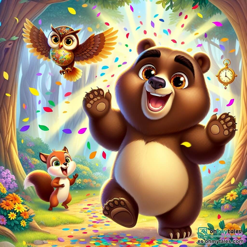 Bruno, un gran oso marrón con ojos brillantes y una sonrisa radiante, está en el centro de la escena, riendo alegremente mientras sostiene un artefacto dorado en forma de pequeño reloj, del cual sale un chorro de confeti colorido. A su derecha, el Búho, un sabio búho de plumas marrones y grandes ojos redondos, observa la escena con una expresión divertida, posado en una rama de árbol, con las alas ligeramente desplegadas como si estuviera listo para volar. A la izquierda, Susi, una pequeña ardilla de pelaje rojizo y cola esponjosa, salta con entusiasmo, las patas en el aire, lista para atrapar uno de los confetis que vuelan a su alrededor. El decorado es un magnífico bosque encantado, lleno de árboles majestuosos con troncos gruesos, flores multicolores que bailan al viento y un suave rayo de sol que filtra a través del follaje, creando una atmósfera mágica y alegre. La situación principal muestra a Bruno desencadenando una explosión de confeti y risas, mientras los animales a su alrededor se divierten y bailan, creando una atmósfera festiva y llena de vida.