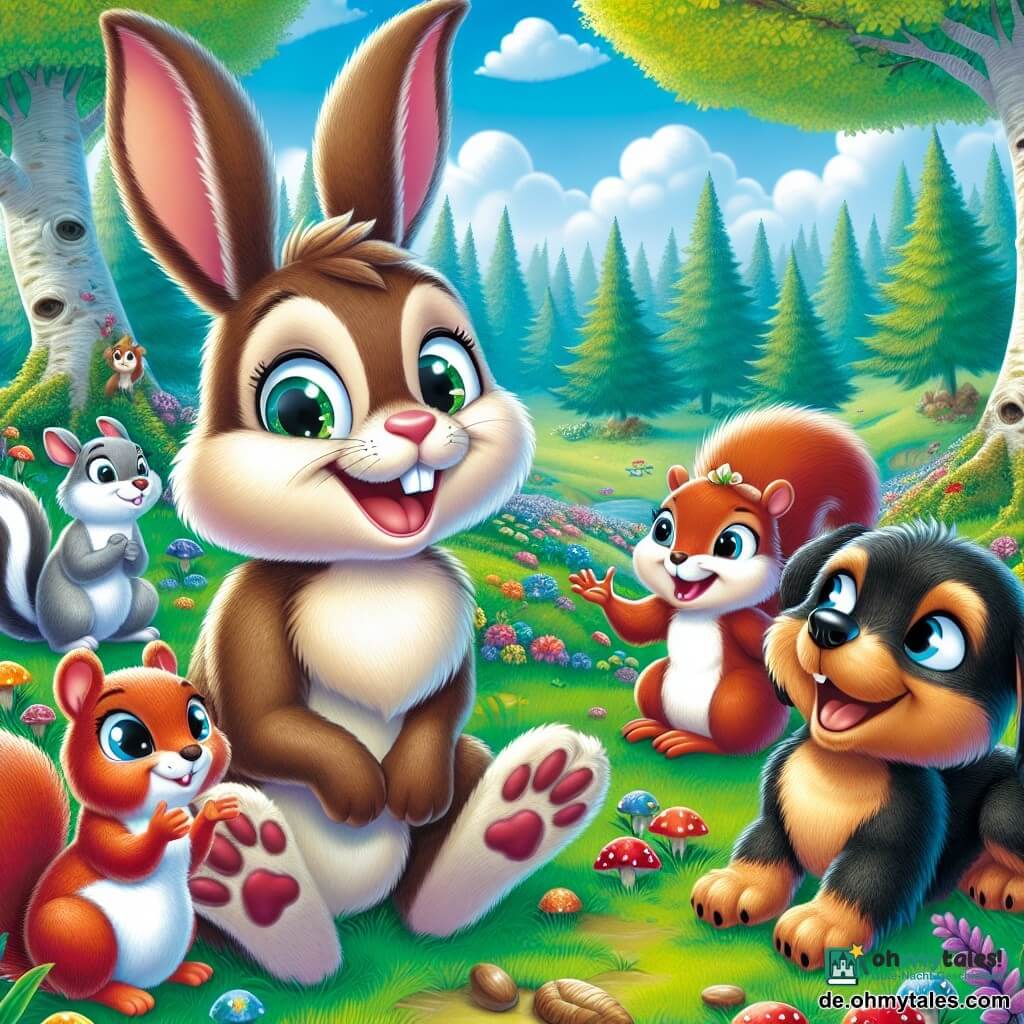 In der Mitte des Bildes sitzt Hoppel, ein kleiner brauner Hase mit großen Ohren, im grünen Gras, sein Gesicht strahlt vor Neugier und Freude. Seine glänzenden Augen spiegeln das Staunen wider, während er aufmerksam den Geschichten seiner Freunde lauscht. Rechts von ihm sitzt Mia, ein Eichhörnchen mit rotem Fell und cremefarbenem Bauch, auf einem niedrigen Ast, lächelnd und voller Enthusiasmus, während sie mit ihren kleinen Pfoten gestikuliert, um ihre Erzählung zu verdeutlichen. Links sitzt Bruno, ein kleiner Dackel mit schwarz-braunem Fell, auf seinen Hinterbeinen und lacht herzhaft, seine Augen funkeln vor Schalk. Im Hintergrund ist der Kleewiesenwald ein zauberhafter Ort mit majestätischen Bäumen, leuchtend grünen Blättern, bunten Blumen hier und da und einem hellblauen Himmel mit flauschigen Wolken. Die Szene zeigt einen fröhlichen Moment, in dem die Tiere zusammenkommen, um ihre Geschichten zu teilen, und eine Atmosphäre von Kameradschaft und Vielfalt schaffen, wobei jeder seine eigene Farbe zu diesem lebendigen Bild beiträgt.