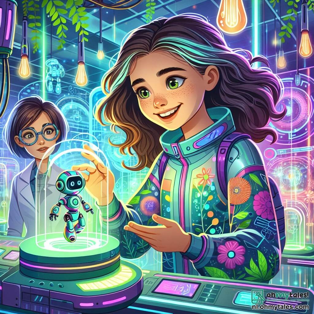 Een 12-jarig meisje, Lila, met lange krullende haren en nieuwsgierige ogen, staat in het midden van een futuristisch laboratorium met een grote glimlach op haar gezicht. Ze draagt een lichte, kleurrijke overall met plantmotieven en houdt een klein robotje in haar handen, gefascineerd door de werking ervan. Naast haar staat haar moeder, een vrouw van ongeveer 35 jaar met kort haar en een vastberaden blik, die een holografisch scherm observeert met wetenschappelijke gegevens. Ze draagt een laboratoriumjas en futuristische brillen, wat haar expertise in engineering toont. Het laboratorium is gevuld met glanzende machines, gekleurde glazen buizen en knipperende panelen, wat een dynamische en inspirerende sfeer creëert. Groene planten klimmen langs de muren en voegen een vleugje natuur toe aan deze technologische omgeving. Lila en haar moeder verkennen samen de nieuwste innovaties, terwijl Lila verwonderd kijkt naar een nieuwe robot die zich behendig beweegt, wat de veelbelovende toekomst van hun stad symboliseert.