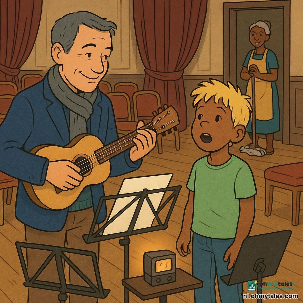 Een man, Milan, glimlachend en sereen, kort bruin-grijs haar, diepblauwe wollen jas en zachte sjaal, houdt een lichte houten gitaar en kijkt naar een muziekstandaard terwijl hij zacht zingt; naast hem rechts staat een jongen, Sem, ongeveer 8 jaar, warrig blond haar, lichtgroen T-shirt en spijkerbroek, met een verwonderd gezicht en timide meezingend volgens de partituur; mevrouw Noor, ±50, grijs haar in een knot en gele schort, staat in de deuropening met een dweil, glimlachend en zorgzaam; scène in een grote oude muziekschoolzaal met glanzende houten vloer, rijen rode stoelen, zware bordeauxgordijnen, drie zwarte muziekstandaards en een klein verlicht afspeelapparaat op een standaard dat warme gloed geeft; hoofdactie: Milan begeleidt Sem op gitaar terwijl ze samen een ronde zingen rond een open partituur, Sem wint aan zelfvertrouwen en het verlichte afspeelapparaat voegt een melodie toe, warme en innige sfeer; kleurrijke weergave, scherpe lijnen, leesbare gezichtsuitdrukkingen, zachte gedempte verlichting en subtiele contrasten, Europese stripstijl, full-page illustratie.