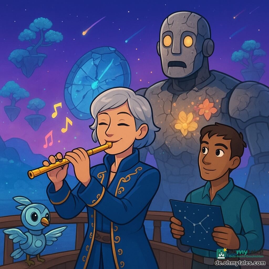 Die Protagonistin ist eine weibliche Kapitänin mit sanftem, entschlossenem Gesicht, kurzem silbernem Haar, in einem tiefblauen Mantel mit goldener Stickerei, die am Bug eines Schiffs herzlich lächelt und auf einer kleinen funkelnden Flöte spielt; ihr erster Offizier, ein schlanker Mann von etwa 28 Jahren mit olivfarbener Haut und dunklen Augen, steht leicht rechts hinter ihr und hält eine Sternkarte, links neben der Kapitänin sitzt der kleine Wächter Piko, eine katzengroße Vogel-Roboter-Kreatur mit durchscheinenden Federn und runden Metallteilen, die mit dem Schnabel auf eine Kristalluhr zeigt; im Hintergrund erscheint das große, halb mechanische Wesen Stumm mit erstaunter, milder Miene und rissigen Metallplatten, aus denen leuchtende Blumen dringen; Schauplatz ist die Himmelsbucht Aurora mit schwebenden Glasinseln, nebelhaften leuchtenden Bäumen und violett-blauem Himmel mit Kometen sowie einer zerbrochenen Kristalluhr mit funkelnden Zeigern in der Mitte; die Kapitänin spielt eine Melodie, sichtbare Noten in Gelb, Rosa und Türkis breiten sich zur Uhr und zu Stumm aus und schmelzen eine graue Wolke zu leuchtenden Splittern.