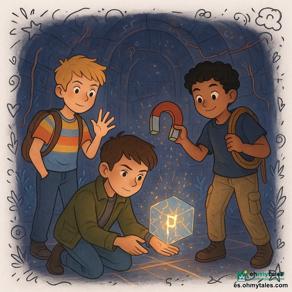 Hay tres niños de 11 años: uno moreno de pelo corto, arrodillado en primer plano con ropa práctica (chaqueta kaki y vaqueros), concentrado, sosteniendo en la palma izquierda una piedra brillante que proyecta una runa luminosa; uno rubio de cabello despeinado, de pie a la izquierda con camiseta colorida y mochila, sonriente y marcando el ritmo con los dedos; y uno de pelo negro rizado, algo más bajo, con pantalón cargo y una gruesa cuerda al hombro, a la derecha sosteniendo un gran imán metálico junto al borde de un cubo flotante. Escena en una cámara subterránea esférica: suelo espejo que refleja redes de rutas luminosas, paredes de piedra con cables de cobre y runas grabadas, luz azul‑violeta con toques dorados y pequeñas plantas luminiscentes, ambiente science‑fantasy. Los niños sincronizan sus gestos ante un núcleo cúbico transparente agrietado que flota en el centro y chispea en píxeles; sus brazaletes vibran y un hilo de luz une sus manos, tensión heroica pero serena; composición centrada con contrastes cálidos en las manos y la runa frente a tonos fríos del entorno.