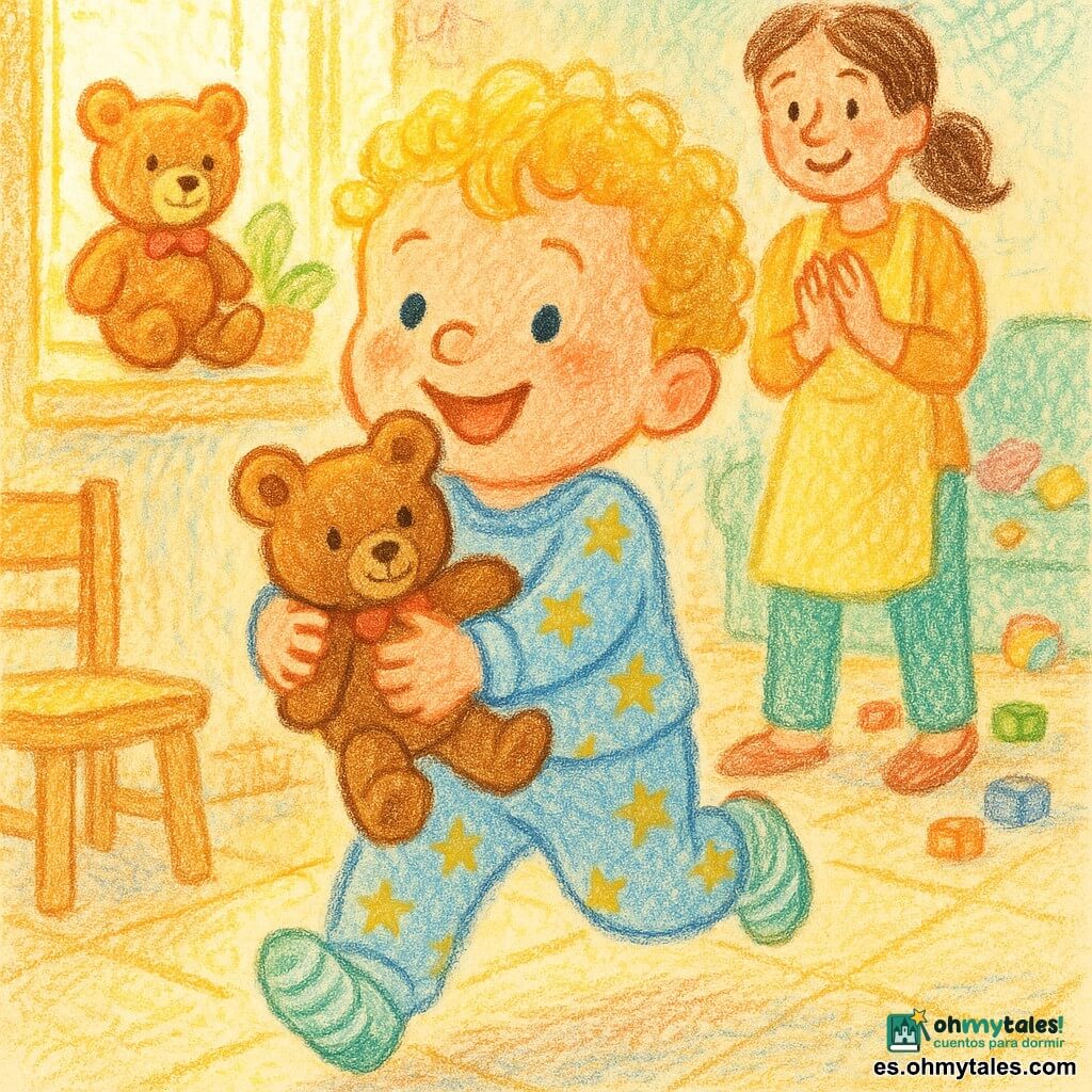 Un niño de 2 años, rostro redondo, cabello rizado dorado, ojos brillantes y expresión alegre, corre hacia su peluche abrazándola al pecho; lleva pijama azul claro con estrellas y calcetines a rayas, manos regordetas en movimiento. Una madre de unos 30 años, cabello castaño recogido y suave sonrisa, aplaude desde atrás con delantal amarillo y mirada cariñosa. La peluche Osito, un oso marrón claro con pelo suave y un lazo rojo, está en el borde de la ventana bañada por un rayo de sol. La escena transcurre en una cocina-sala de juegos luminosa con una gran ventana, planta en maceta, sofá y juguetes, luz cálida de mañana, colores pastel, trazos de lápiz y textura de papel; momento de descubrimiento feliz y tierno mientras el niño encuentra y abraza su oso y la madre lo anima.