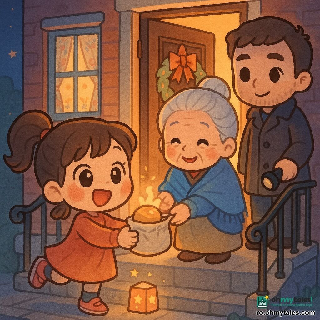 Fată de 8 ani, fericită și mândră, cu ochi mari și strălucitori, obraji roșii, păr brun prins în coadă, sare ținând o borsetă mică din pânză cu o cutie cu mâncare ce miroase a pâine caldă; stă în fața ușii unui bloc. Femeie în vârstă de ~75 de ani, chip blând cu riduri, păr alb în coc, șal albastru pe umeri, zâmbește cald și deschide ușa pentru a primi borseta, pe prag. Bărbat adult ~35 de ani (tată) stă un pas înapoi pe trotuar, privire protectoare și zâmbitoare, palton închis, ține o lanternă stinsă. Loc: palier de bloc mic seara, iluminare caldă ambră, balustradă din fier forjat, treaptă de piatră, coroniță de hârtie la ușă, perdele cu flori în interior. Scenă: predare de pachet alimentar în timpul Ramadanului, atmosferă calmă și intimă, contrast blând între lumina caldă a palierului și cerul albastru-noapte; stelulețe decupate proiectate de un mini-lanternier de hârtie lângă ușă. Stil vizual: culori pastel vii, contururi groase și rotunjite, proporții chibi (capete mari, corpuri mici), texturi de pânză sugerate prin hachuri delicate, expresii exagerate și clare.