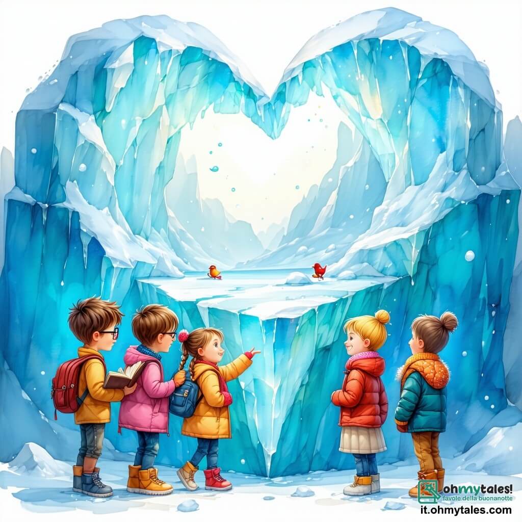 Al centro dell'immagine, cinque bambini sono riuniti attorno a un enorme iceberg a forma di cuore. Marco, un ragazzo di 10 anni con capelli castani disordinati e occhiali, tiene un vecchio libro aperto, gli occhi brillanti di eccitazione. Giulia, una ragazza di 9 anni con capelli biondi intrecciati e un sorriso radioso, indica l'iceberg, meravigliata. Luca, un ragazzo di 10 anni con capelli neri e lentiggini, salta di gioia con le braccia alzate. Sara, una ragazza di 8 anni con capelli castani ricci, prende appunti in un piccolo quaderno, concentrata e sorridente. Tommaso, un ragazzo di 7 anni con capelli corti e un cappello colorato, è sulla sua sedia a rotelle, ridendo e tenendo uno zainetto pieno di panini. Il paesaggio è una vasta distesa di neve scintillante sotto un cielo azzurro chiaro, con montagne di ghiaccio sullo sfondo. Pinguini curiosi si muovono intorno a loro, aggiungendo vita a questa scena magica. I bambini stanno scoprendo un tesoro nascosto sotto l'iceberg, una piccola cassa di legno che hanno appena dissotterrato, piena di libri illustrati colorati sull'Antartide e le sue meraviglie.