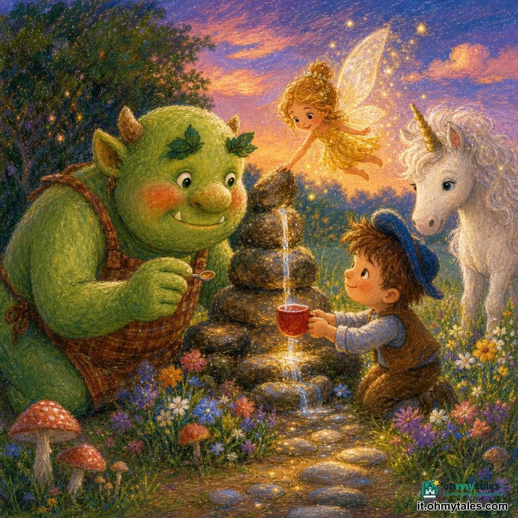 Un orco maschio, dolce e timido, con guance grandi e rosate, sopracciglia a foglia, pelle verde tenue e un grande grembiule a quadretti ruggine, è inginocchiato vicino a pietre e tiene un minuscolo cucchiaino nella mano destra; un bambino di 4 anni, Lino, capelli castani arruffati e piccolo berretto blu inclinato, sorride paziente tenendo una tazza rossa lucida sotto un filo d'acqua al centro della scena; una fata femmina, Fiammetta, piccola figura luminosa con capelli color miele, vola sopra i fiori lasciando scintille dorate e porge la mano verso la roccia; un unicorno maschio, Nube, dal manto bianco perlaceo e criniera soffice, sta sullo sfondo vicino a un boschetto chinando dolcemente la testa verso la sorgente; la radura erbosa al crepuscolo mostra un sentiero di ciottoli lucenti, un mucchio di rocce da cui sgorga un sottile filo d'acqua scintillante e un cerchio di fiori selvatici e funghi; i personaggi attendono in silenzio sorridenti mentre la sorgente si risveglia e una goccia riempie la piccola tazza rossa in una scena calma e calorosa di colori tenui e tocchi di luce dorata sull'acqua.
