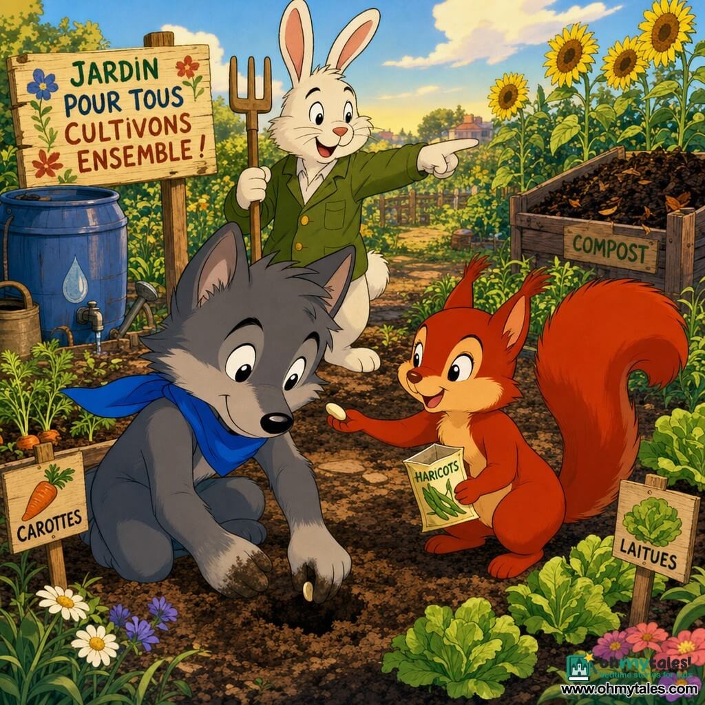 Little Wolf (main character) — a young anthropomorphic wolf with soft grey fur, a flowing blue scarf, round curious eyes and a shy smile; crouched with dirt-covered paws planting a bean seed in a small hole, focused and happy. Suki the squirrel — small red squirrel with a fluffy upright tail and sparkling eyes, holding an open seed pouch and offering a seed to Little Wolf, cheerful and proud to his right. Mr. Rabbit — white anthropomorphic rabbit with long ears and a green jacket, holding a wooden trowel and pointing to a sunny spot to plant, standing behind the garden, kind and encouraging. The garden — a bright community park with brown dirt paths, rows of green vegetables (carrots, lettuces), painted signs, a blue rain barrel, a dark compost pile with leaves, wildflowers and tall sunflowers in the background. Main scene — planting seeds together: careful movements, turned fresh soil, small animal hands working together in warm golden afternoon light, saturated colors and clean outlines evoking a 1990s cartoon.