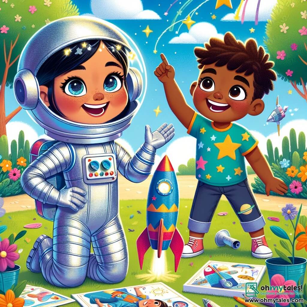 Mia, a smiling astronaut, is at the center of the image, wearing a shiny blue spacesuit and a silver helmet. Her eyes sparkle with excitement as she gestures, inviting children to board her spaceship. Next to her, Leo, a 7-year-old boy with messy brown hair and a colorful t-shirt, jumps for joy. His face is lit up with a big smile, and he holds a cardboard rocket model, ready for launch. The scene takes place in a sunny park, with lush green trees in the background and a blue sky dotted with a few white clouds. Colorful flowers surround the characters, adding a touch of magic to the setting. Mia and Leo are building a cardboard rocket together, filled with drawings of stars and planets. They laugh and have fun, imagining their journey to Mars, ready to explore the universe and meet friendly aliens.