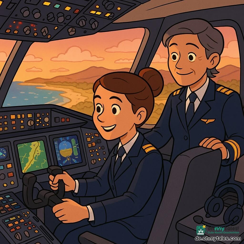 Junge Pilotin, etwa 25–30, braune Haare im Dutt, sauberes dunkelblaues Uniform mit goldenen Schulterstücken, konzentrierter, aber fröhlicher Ausdruck, Hände am Steuer während der Landung; ältere Kapitänin Weber, etwa 45–50, kurzes Haar mit grauer Strähne, beruhigendes Lächeln, steht leicht hinter und links der Co-Pilotin und legt ermutigend eine Hand an die Sitzlehne; durch die großen Cockpitfenster die goldene spanische Küste im Sonnenuntergang mit feinen Stränden, schimmerndem Meer und tiefrosa Wolken; detailliertes Cockpit mit leuchtenden Instrumententafeln, bunten Knöpfen, dynamischen Bildschirmen mit Karten und Höhe, Metallhebeln, aufgelegten Headsets und warmem Abendlicht; ruhiger Moment nach leichter Turbulenz, das Flugzeug sinkt sanft zur Landebahn, Atmosphäre von Vertrauen, Zusammenarbeit und Stolz.