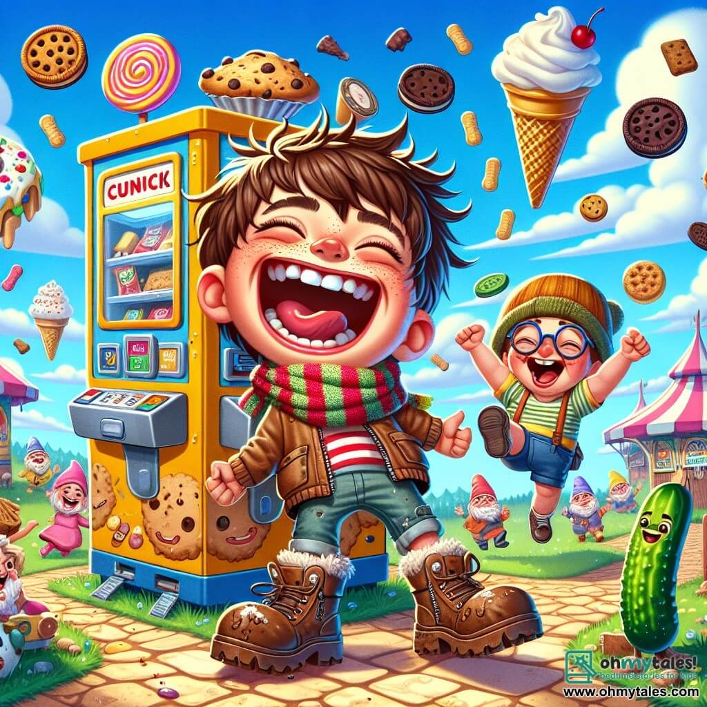 An 8-year-old boy, Monty, with messy hair and a big mischievous smile, wears muddy adventure boots and a striped scarf that flutters in the wind. He is laughing with open arms in front of a snack machine that spits out cookies and pies, with ice cream falling on his head. Next to him, his friend Frankie, also 8, with round glasses and messy brown hair, holds a pickle in one hand and enthusiastically claps, his eyes shining with joy. In the background, Tumblepot Park is filled with joyful gnomes, colorful dancing mushrooms, and a blue sky dotted with candy-shaped clouds. The scene shows Monty and Frankie celebrating victory, surrounded by laughter and sweet treats, in a festive and humorous atmosphere.