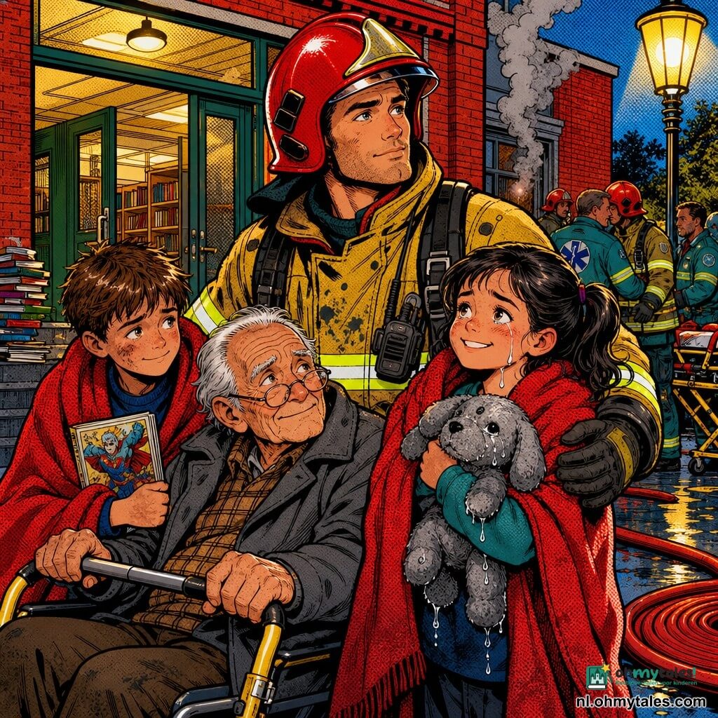 Een brandweerman met vastberaden, geruststellend gezicht, glanzende rode helm en geel jack met reflecterende strepen, zwart van roet, houdt een opvouwbare evacuatiestoel en kijkt kalm naar rechts; een jongen van circa 9 jaar met warrig bruin haar, verlegen maar opgelucht, zit op een deken links van de brandweerman en houdt een klein stripalbum; een meisje van circa 8 jaar met zwarte paardenstaart, betraande maar glimlachend, houdt een doorweekt knuffel vast en staat iets voor de brandweerman, beschermd door zijn arm; een oudere man van circa 75 jaar met gerimpelde huid en ronde, glijdende bril draagt een grijze jas en zit in de evacuatiestoel met zijn hand op de hendel, omringd door de kinderen; locatie: ingang van een rode bakstenen bibliotheek met grote getinte glazen deur, groene nooduitgangsborden, verspreide stapels boeken, een lantaren die geel licht werpt en grijze rook die uit een zijdeur opstijgt; scène direct na de evacuatie: frisse buitenlucht, felrode deken om de schouders van de kinderen, hulpverleners op de achtergrond en een opgerolde brandslang op de grond; felle contrasterende kleuren, dikke contouren, papierteksturen en Ben-Day stippen in popartstijl, licht vogelperspectief, dramatische maar geruststellende sfeer.