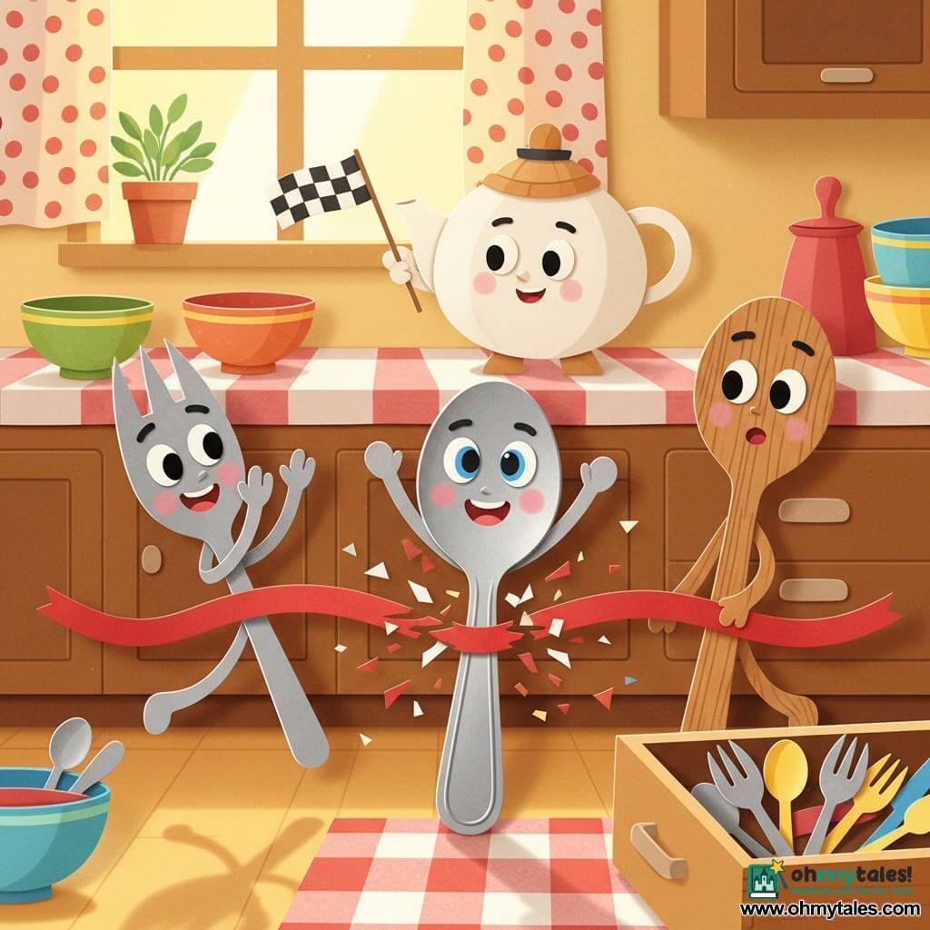The main character is a shiny metal anthropomorphic teaspoon with a rounded body, narrow handle, smiling face, big round eyes and rosy cheeks, arms raised as it breaks a red finish-line ribbon; a secondary character is a matte-steel fork (Forky) with enthusiastic eyes and slightly splayed prongs clapping and jumping to the left, and another secondary is a wooden serving spoon (Woody) with visible wood grain, a surprised but conciliatory expression, slightly behind to the right; a wise teapot judge, round white porcelain with a small hat and benevolent smile, stands on the counter behind the line holding a tiny flag; the warm kitchen setting has a red-and-white check tablecloth, colorful bowls, an open drawer of paper-cut utensils, and golden morning light through a polka-dot curtain; the scene shows the teaspoon finishing a mini stirring race as the ribbon snaps, paper confetti falls, other utensils cheer, with dynamic composition, vivid colors, visible paper-cut textures, and a festive playful atmosphere