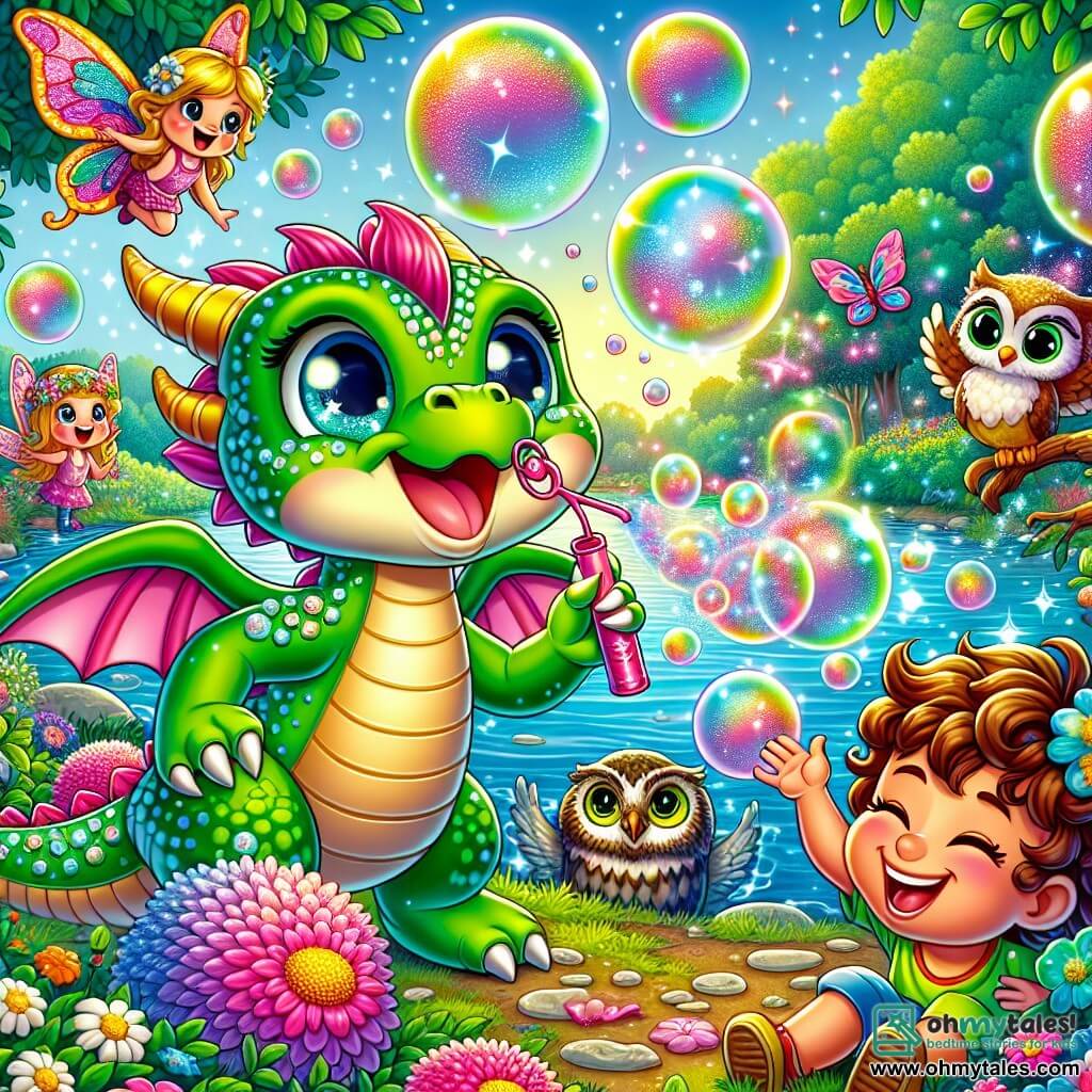 A little dragon named Spark, with shimmering green scales and sparkling joyful eyes, blows pink bubbles that float in the air, filling the scene with a sweet strawberry scent. Next to him, a young boy with curly hair and a big smile, named Finn, bursts into laughter as he tries to pop a giant bubble rising towards the sky. In the background, a group of fairies with bright, colorful wings flutters joyfully, adding sparkling glitter to the festive atmosphere. A wise owl perched on a tree branch watches the scene with an amused look, its soft brown feathers contrasting with the vibrant green leaves. The setting is a beautiful lake surrounded by thick-trunked trees with lush leaves, where multicolored flowers line the shore. Sunlight reflects off the water, creating golden sparkles dancing on the surface. The main scene shows Spark and Finn celebrating Father's Day with their friends, surrounded by laughter and magic as they enjoy playing "Bubble Tag" under a blue sky dotted with fluffy white clouds.