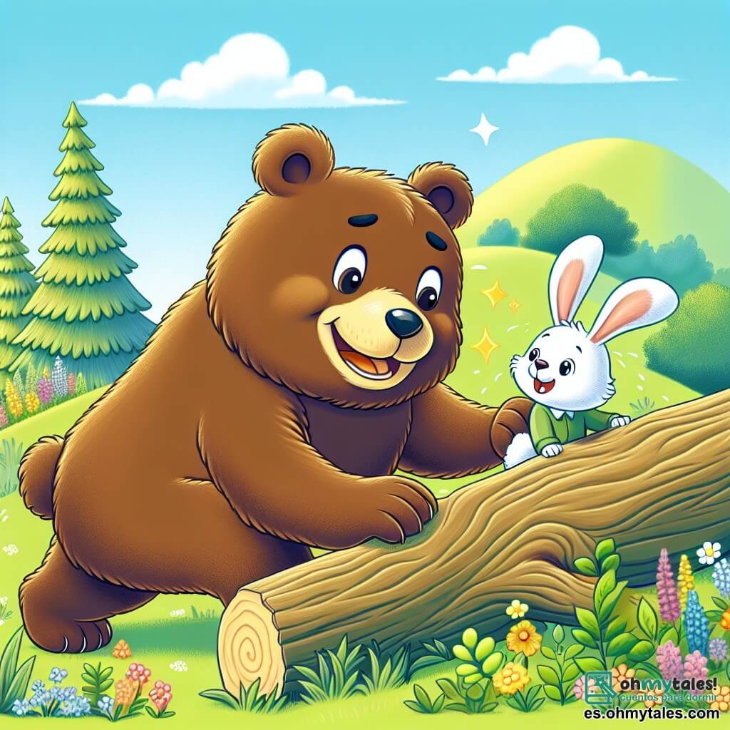 Un gran oso pardo, con un pelaje suave y sedoso, y ojos brillantes de emoción, empuja un árbol caído con todas sus fuerzas, mostrando una expresión de determinación en su rostro. A su lado, un pequeño conejo blanco con grandes orejas, con un aire curioso y una sonrisa alegre, salta hacia atrás para tomar impulso, listo para ayudar a su amigo. Al fondo, una colina verde bajo un cielo azul claro, salpicada de flores coloridas y grandes árboles, crea una atmósfera soleada y amigable. La escena representa un momento de cooperación y amistad, donde los dos amigos se esfuerzan juntos por superar un obstáculo en su búsqueda de tesoros en la naturaleza.