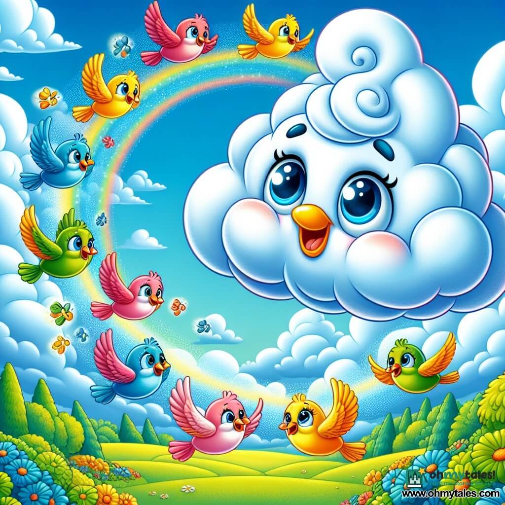 Nimbus, a small fluffy white cloud, joyfully floats in a bright blue sky, its soft rounded edges giving it a curious and amazed look. It watches with sparkling eyes a group of colorful birds flying in circles around it, their shiny feathers glistening in the sun. The birds, brightly colored sparrows, appear cheerful and playful, their wings flapping enthusiastically as they dance in the air. They gather near Nimbus, with one, a bright yellow sparrow, approaching him with a friendly smile. The sky is dotted with a few cottony clouds, and below, a lush landscape stretches with rolling hills and majestic trees, their leaves dancing in the wind. In this scene, Nimbus asks the birds about their circular flight, its expression full of curiosity, while the birds respond with joyful songs, creating an atmosphere of discovery and friendship.