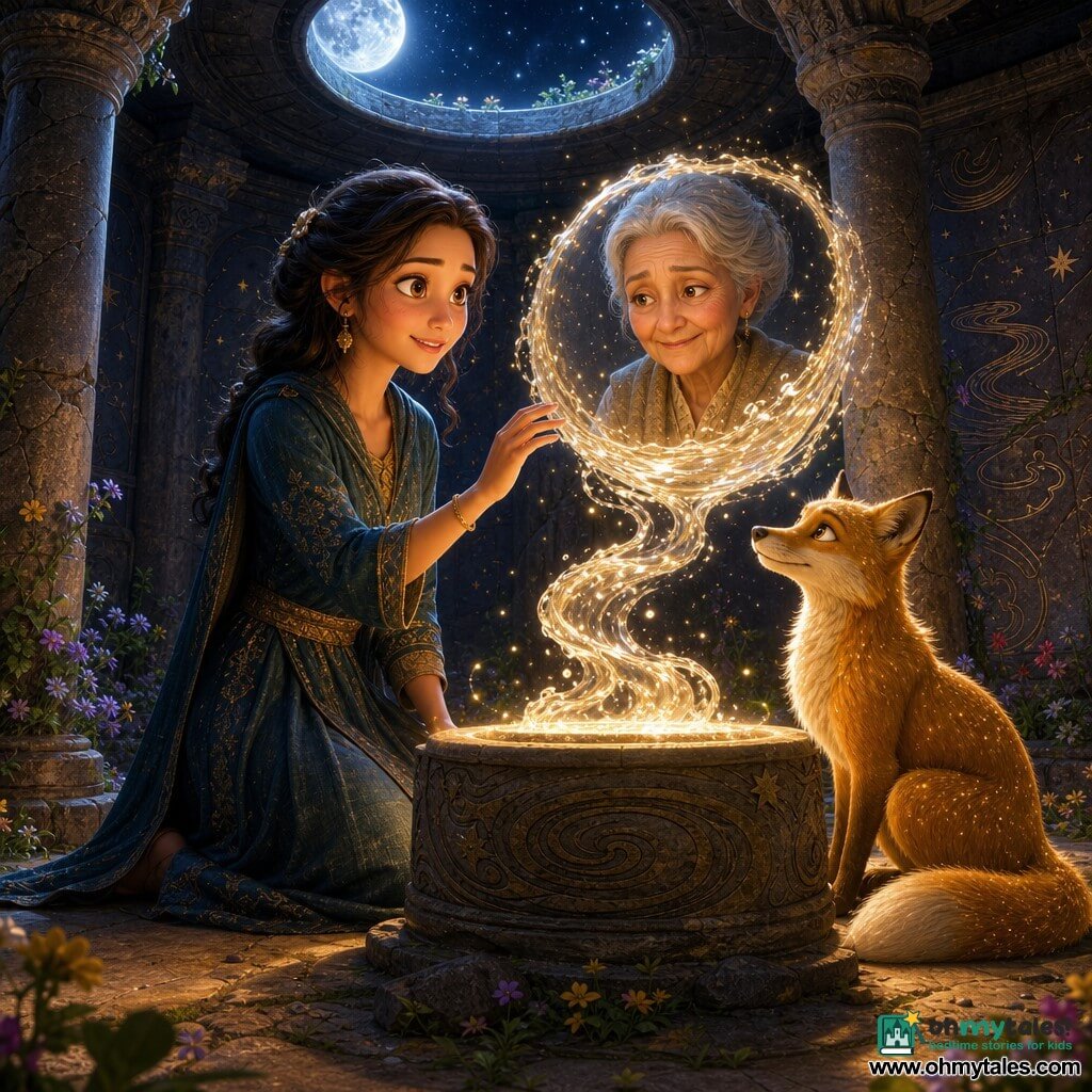 A young woman (Shirin, ~20) kneels before a pedestal, eyes wide and smiling as her fingers touch luminous water spiraling above a bowl; a golden fox with curious eyes sits beside her, tail curled, watching; a grandmother (~70) appears as a benevolent reflection in the water, proud and weathered; an ancient stone temple with tall cracked columns and a moonlit oculus, walls engraved with stars and rivers and small colorful flowers in the cracks; the scene captures gentle magic with golden swirling water, floating light particles, a calm warm atmosphere, and a childlike 3D style in a palette of gold, midnight blue, and soft greens.