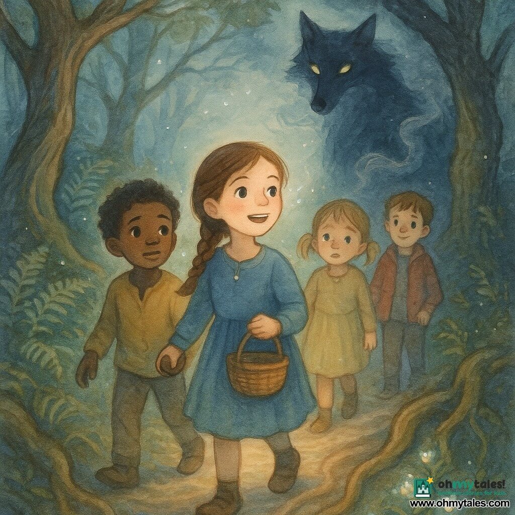 Main girl: a determined, reassuring 10-year-old with chestnut braided hair and bright hopeful eyes, carrying a small wicker basket and singing as she walks the path; secondary boy: about 9, curly hair, relieved expression, holding her hand and looking ahead; secondary girl: about 8, blonde pigtails, slightly frightened but brave, walking just behind; another boy: about 10 in a red jacket, shyly smiling, bringing up the rear. The Big Bad Wolf: a half-transparent silhouette with bluish-black fur and silver eyes that fade into mist, standing behind a twisted tree and not crossing the soft glowing circle around the children. Setting: a winding forest path with gnarled roots, ferns, twisted trunks, moonlight filtering through branches and small phosphorescent flowers on the ground. Situation: the four children walk linked by song inside a protective, soft light circle while the wolf fades to smoke at its edge.