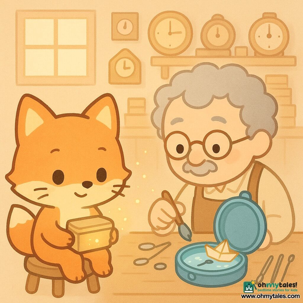 A small anthropomorphic fox with bright orange fur, round shiny eyes and fine whiskers, a curious gentle expression, sitting on a stool holding a small tin box emitting a warm glow; an old human watchmaker with curly gray hair, round glasses, a kind smile and a leather apron leans over a blue watch on the table, polishing it with a small brush; the open blue watch reveals a miniature park with a delicate slightly crumpled paper boat inside; the cozy wooden workshop has shelves of round and square clocks with golden hands, stacks of small boxes, shiny metal tools and a square window letting in soft yellow light; the fox and watchmaker examine the watch together as the tin box softly gleams, small luminous particles float around, warm atmosphere in a pastel palette (orange, sky blue, honey, light wood).