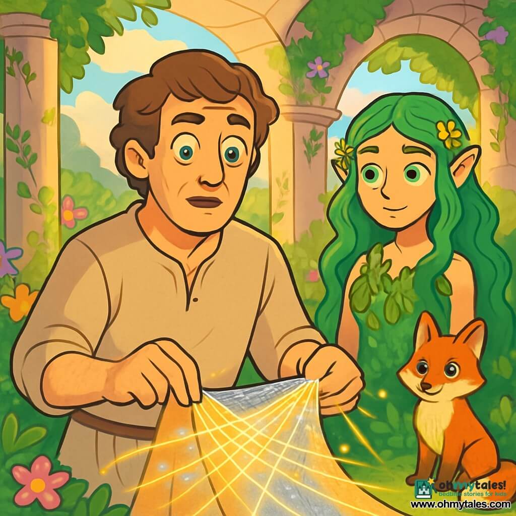 A middle-aged man, Marcus, stands at the center of a vibrant scene, his face marked by wonder and determination. He has slightly wavy brown hair, deep blue eyes, and wears a weathered beige linen tunic. His hands are busy weaving a luminous fabric, where golden and silver threads intertwine, emitting a soft glow. Next to him, a young woman, a river dweller with long, wavy hair like seaweed, watches with curiosity. She is about 20 years old, wearing a green dress made of leaves and flowers, her eyes shining with ancient wisdom. She stands slightly back, ready to assist if needed. In the background, a small fox with bright, mischievous eyes, seeming to emerge from a golden light, watches the scene with interest. It sits on its hind legs, its red fur contrasting with the lush green of the garden. The scene takes place in a secret garden filled with ancient columns covered in ivy, where colorful flowers bloom around a stone arch. Sunlight filters through the leaves, creating a play of shadows and light on the ground. Marcus weaves a new magical fabric to repair the bond between worlds, while the river dweller and the fox watch, eager to see what his work will bring.