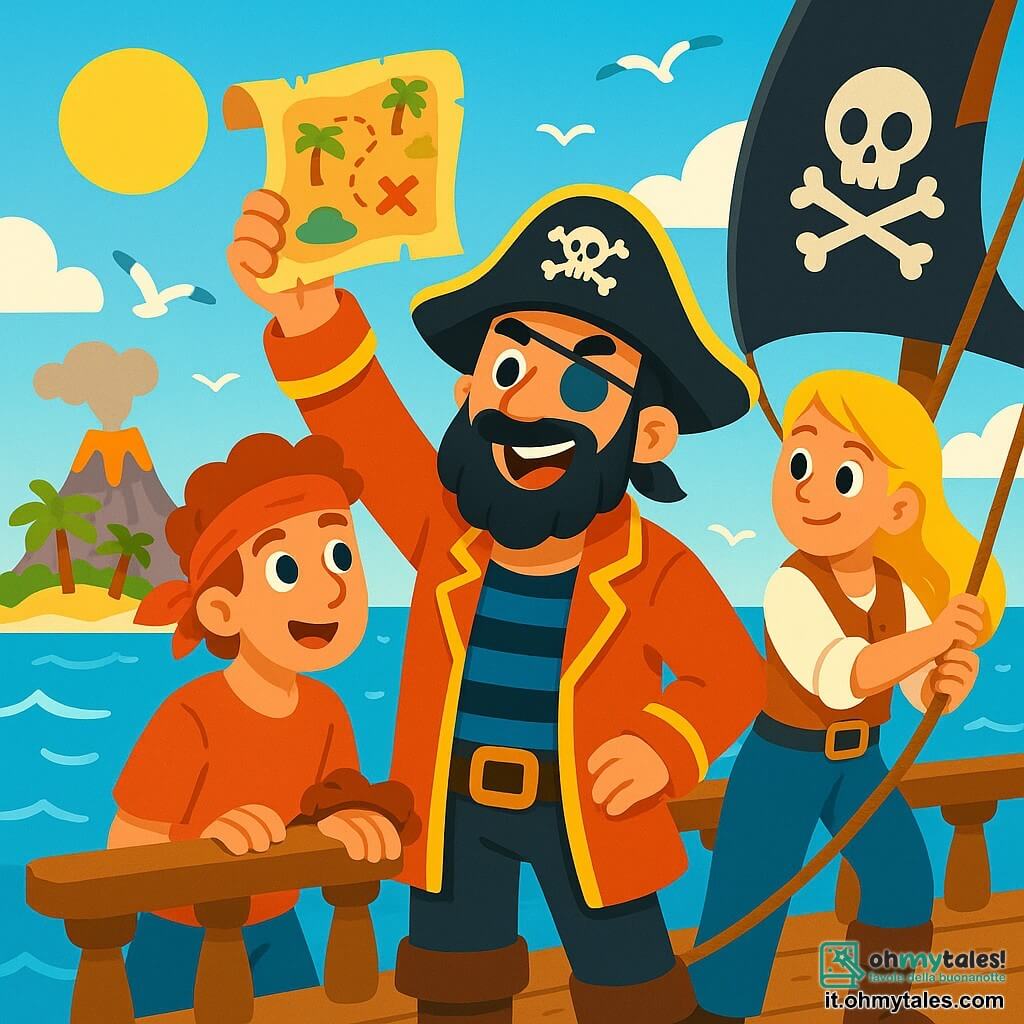 Un uomo, il capitano Marco, si erge orgogliosamente sul ponte della sua nave pirata, con una barba nera e un occhio di vetro che brilla di eccitazione. Il suo viso è segnato dalla determinazione e da un ampio sorriso, mentre brandisce una mappa del tesoro antica, i suoi occhi scintillano di avventura. Accanto a lui, un giovane di 20 anni, membro del suo equipaggio, con capelli ricci e un bandana rossa, osserva la mappa con meraviglia, pronto a seguire gli ordini del capitano. Un'altra membro dell'equipaggio, una donna di 25 anni, con lunghi capelli biondi, sistema una vela, mostrando un'espressione concentrata e piena di coraggio. La nave naviga su un mare blu splendente, con onde scintillanti sotto il sole dorato, circondata da uccelli marini che volano gioiosamente nel cielo. Sullo sfondo, un'isola misteriosa si profila all'orizzonte, con palme verdi e un vulcano fumante, promettendo avventure emozionanti. La scena principale mostra Marco e il suo equipaggio, pronti a partire alla ricerca di un tesoro leggendario, pieni di entusiasmo e spirito di squadra, sul punto di vivere una grande avventura.