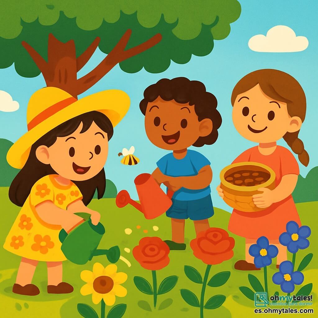 Hay 3 personajes: Lili, una niña de 7 años con largos cabellos castaños y una gran sonrisa, que lleva un sombrero amarillo y un vestido de flores, sosteniendo un pequeño regador verde mientras riega una flor amarilla; Ana, otra niña de 7 años con cabello corto y rizado, vestida con una camiseta azul y un short de mezclilla, que está al lado de Lili con un regador rojo, regando una flor roja; y Marta, también de 7 años, con cabello castaño y una trenza, que lleva un vestido rosa y sostiene una cesta llena de semillas, sonriendo y lista para plantar. La escena tiene lugar en un jardín comunitario vibrante, lleno de flores de colores y un gran árbol verde. Lili y Ana riegan las flores con entusiasmo, mientras Marta se prepara para plantar semillas, riendo y disfrutando de la belleza del jardín soleado.