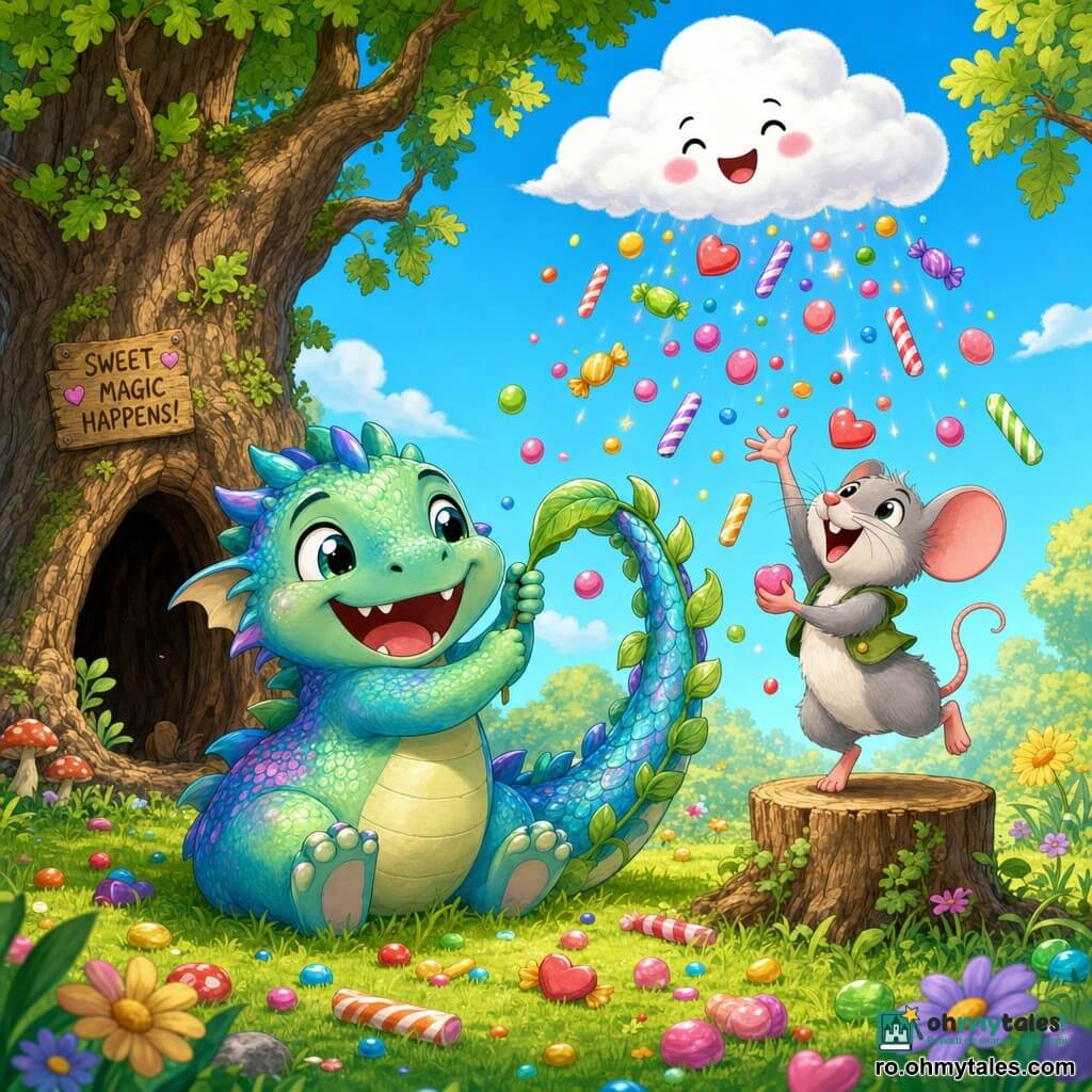 Un mic dragon rotund și drăguț (dragon-bebeluș) cu solzi irizați albastru-verzui și o coadă lungă împodobită cu frunze, cu fața zâmbitoare ținând o frunză lipită de coadă; în dreapta lui stă pe o buturugă un șoricel jucăuș gri deschis cu urechi mari roz, sărind și apucând bomboane colorate care cad în ploaie; în jur cad bomboane multicolore, unele ricșând pe iarbă; scena e într-o poiană însorită cu iarbă moale, flori galbene și violete, un stejar bătrân gol în stânga și un cer albastru cu un nor pufoș zâmbitor; situația principală: un vrăjitor comic a transformat norul într-o ploaie de bomboane, cei doi prieteni se joacă și râd sub ploaia dulce; compoziție centrată, culori vii, linii moi și contururi clare, atmosferă caldă și umoristică.