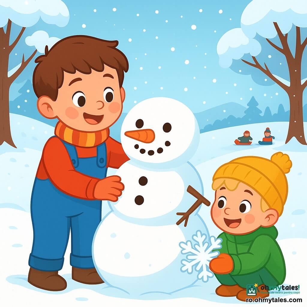 Există două personaje principale: Andrei, un băiat de 7 ani, cu păr brun și obraje roz, îmbrăcat cu o salopetă albastră, un pulover roșu și o eșarfă în dungi, care zâmbește în timp ce modelează un om de zăpadă, și Matei, un băiat de 5 ani, cu păr blond și ochi strălucitori, îmbrăcat cu o haină verde aprins, o căciulă galbenă și mănuși portocalii, care stă în genunchi ținând un fulg mare de zăpadă și fiind uimit. Scena are loc într-un parc de iarnă, plin de copaci mari acoperiți cu zăpadă strălucitoare, iar solul este acoperit cu un strat gros de zăpadă albă, cu fulgi căzând ușor din cerul albastru deschis. Andrei și Matei construiesc un om de zăpadă vesel, cu un nas din morcov și ochi din cărbune, râzând și jucându-se în zăpadă.