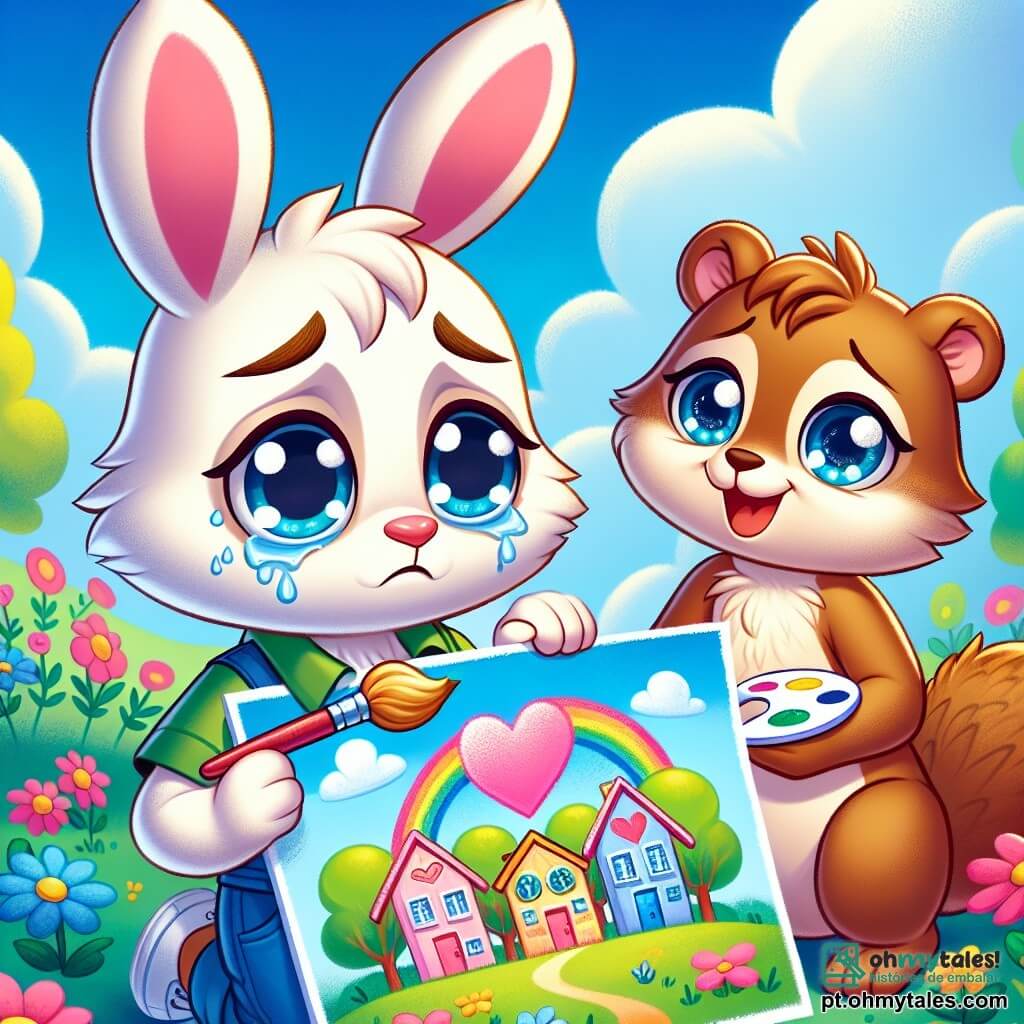 Léo, um coelhinho de pelagem branca e grandes orelhas, está no centro da imagem, com uma expressão melancólica. Ele observa um desenho colorido que fez, representando duas casas ligadas por um grande coração, simbolizando o amor de seus pais apesar da separação. À sua direita, Mimi, uma esquilinha de olhos brilhantes e pelagem marrom, sorri encorajadora, segurando uma pequena paleta de pintura. Ela é cheia de alegria e empatia, pronta para apoiar seu amigo. Ao fundo, o jardim está repleto de flores coloridas e árvores verdes, criando uma atmosfera acolhedora. O céu é azul com algumas nuvens brancas, adicionando suavidade à cena. A situação principal mostra Léo compartilhando seu desenho com amigos em um grupo de apoio, ilustrando o momento em que ele começa a aceitar suas emoções e encontrar conforto entre aqueles que o cercam.