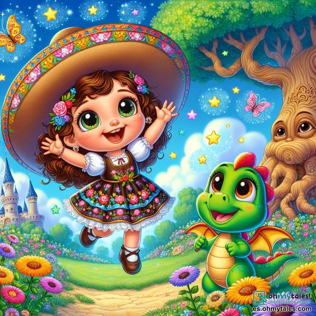 Una niña de 3 años, Lía, con grandes ojos brillantes y cabello rizado castaño, lleva un vestido colorido decorado con flores. Ella ríe a carcajadas, flotando alegremente en el aire gracias a un gran sombrero mágico, lleno de estrellas y lunas brillantes. A su lado, su amigo Tico, un pequeño dragón de peluche con escamas verdes y alas doradas, sonríe y la anima, flotando justo debajo de ella. El escenario es un jardín encantado, lleno de flores multicolores, grandes árboles con troncos retorcidos y mariposas revoloteando, bajo un cielo azul brillante. A lo lejos, se ve un árbol que habla, con una cara sonriente, que parece observar la escena con benevolencia. La situación principal muestra a Lía volando con su sombrero mágico, riendo de felicidad, mientras Tico, su fiel compañero, la anima a disfrutar de esta aventura fantástica, rodeados de la magia de la naturaleza.