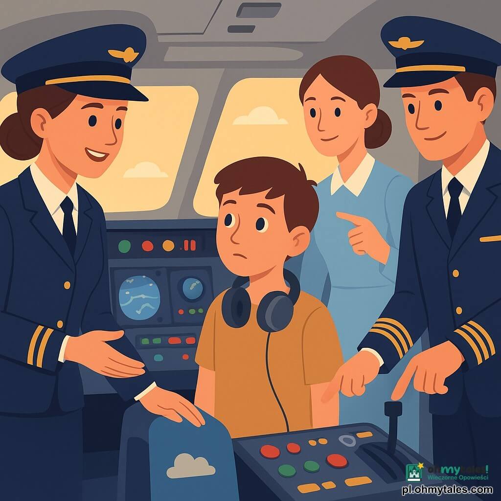 Kobieta-pilotka (~35 lat) o łagodnej, zdecydowanej twarzy, włosach spiętych w kok pod granatową czapką kapitana, uśmiecha się i wyciąga rękę, tłumacząc instrumenty kokpitu chłopcu (~12 lat) z krótkimi włosami i słuchawkami na szyi, który stoi przy drzwiach kokpitu z ciekawym, nieco nieśmiałym spojrzeniem; stewardesa (~30 lat) w jasnym mundurze stoi lekko za chłopcem, uspokajająco wskazując ekran; drugi pilot (~36 lat) w dopasowanym mundurze stoi w łagodnym półcieniu, uśmiechając się i pokazując dźwignię. Kokpit uproszczony, z dużymi kolorowymi przyciskami (czerwone, zielone, żółte), niebieskimi ekranami z uproszczonymi mapami, błyszczącymi metalowymi dźwigniami i okrągłym sterem; scena po lądowaniu, złote światło przez okna, spokojna, bezpieczna atmosfera, siedzenia i wykładzina w odcieniach niebieskiego, naklejki w kształcie chmur na małym kartonowym pudełku na desce rozdzielczej; główna sytuacja: ciepły moment, gdy pilotka wyjaśnia instrumenty, gest pedagogiczny i zachwycone spojrzenia dzieci, kompozycja skupiona na wyciągniętej ręce pilotki i oczach dzieci.