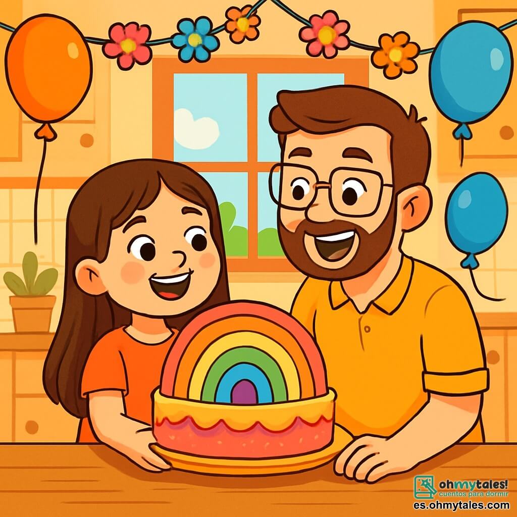 Una niña de 8 años, llamada Luna, con largos cabellos castaños y ojos brillantes de alegría, se encuentra en el centro de la escena, sonriendo y llena de emoción, sosteniendo un gran pastel colorido en forma de arcoíris. A su lado, su papá, un hombre de unos treinta años, con una barba suave y gafas, mira el pastel con asombro, su rostro radiante de felicidad. Están en una cocina acogedora, decorada con guirnaldas de flores coloridas y globos flotantes, con una gran ventana que deja entrar la luz del sol. La situación principal muestra a Luna y su papá celebrando el Día del Padre, rodeados de un ambiente festivo, con risas y estallidos de alegría, mientras se preparan para degustar el pastel mágico.