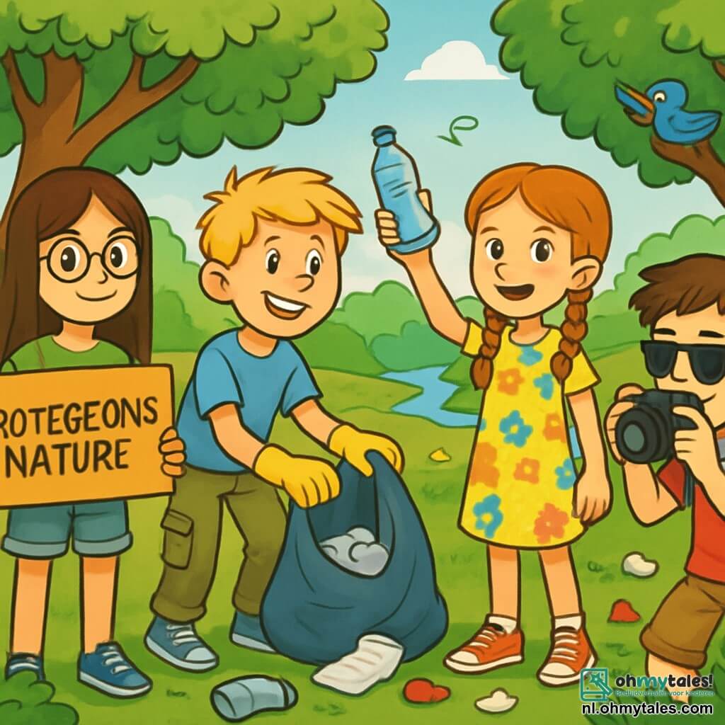 Er zijn 4 kinderen: Emma, een 12-jarig meisje met lange bruine haren en ronde bril, draagt een groene t-shirt en een spijkerbroek, en houdt een houten bord met de tekst "Laten we de natuur beschermen". Noah, een 12-jarige jongen met messy blonde haren en een stralende glimlach, draagt een blauwe t-shirt en cargo-broek, en verzamelt afval met handschoenen. Lotte, een 12-jarig meisje met rode haren en vlechten, draagt een bloemenjurk en sneakers, en toont vastberaden een plastic fles die ze heeft gevonden. Sam, een 12-jarige jongen met bruine haren en een zonnebril, is gekleed in een rode t-shirt en korte broek, en maakt foto's van het afval om anderen bewust te maken. De kinderen zijn in een groene park, omringd door majestueuze bomen met heldergroene bladeren, kleurrijke bloemen en zingende vogels. Op de achtergrond glinstert een beekje in de zon. De kinderen zijn bezig met het schoonmaken van het park, glimlachend en gemotiveerd, terwijl ze het belang van natuurbescherming bespreken. Ze zijn omringd door afval dat ze enthousiast oprapen en maken hun omgeving schoon en uitnodigend.