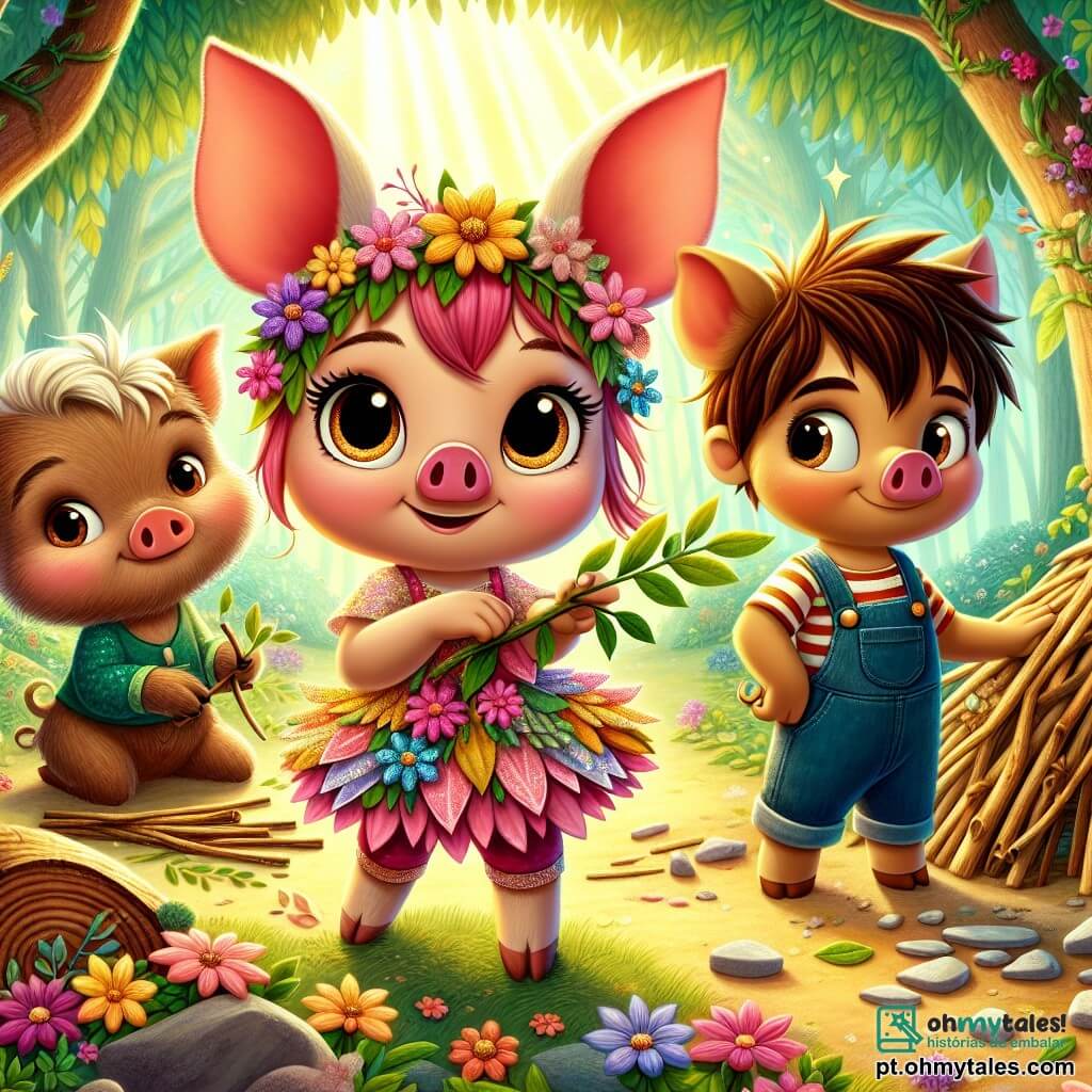 No centro da imagem, Lila, a porquinha de grandes orelhas rosas, está cheia de entusiasmo e determinação. Ela usa um vestido colorido feito de flores, com pétalas brilhantes que parecem dançar ao seu redor. Ela está colando flores em sua casa, um abrigo feito de hastes e folhas, que emana uma aura mágica. À sua direita, Rocco, o porco de pelagem marrom e olhos brilhantes, está serrando um galho para sua casa de madeira. Ele tem um sorriso confiante e veste um macacão de denim. À esquerda, Tico, o mais jovem dos três, está recolhendo pedras para sua casa de pedra. Ele parece um pouco tímido, com suas bochechas rosadas e um olhar concentrado, vestindo uma camiseta listrada. A cena acontece em uma floresta encantada, com árvores majestosas de folhas verdes vibrantes e flores coloridas espalhadas pelo chão. Raios de sol filtram-se através dos galhos, iluminando toda a cena com uma luz dourada. A situação principal mostra Lila, Rocco e Tico trabalhando juntos, cada um em seu próprio espaço, mas unidos pelo sonho comum de construir casas. A atmosfera é alegre e dinâmica, ilustrando o espírito de colaboração e amizade entre os três porquinhos.