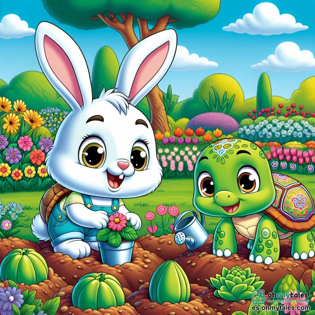 Un pequeño conejo blanco llamado Rocco, con grandes orejas y ojos brillantes de curiosidad, está en el centro del jardín, sonriendo alegremente. Está plantando semillas de colores en la tierra fértil, rodeado de flores vibrantes y verduras verdes. A su derecha, una tortuga verde llamada Sofía, con un caparazón decorado, observa a Rocco con una expresión alentadora, sus ojos brillando de orgullo. Ella sostiene un pequeño regador y está a punto de regar las plantas. El jardín es un lugar encantador, lleno de flores multicolores, verduras bien ordenadas y majestuosos árboles, bajo un cielo azul claro salpicado de nubes blancas y esponjosas. En esta escena, Rocco y Sofía trabajan juntos con entusiasmo para hacer florecer el jardín, mostrando la importancia de cuidar la naturaleza y la ecología.