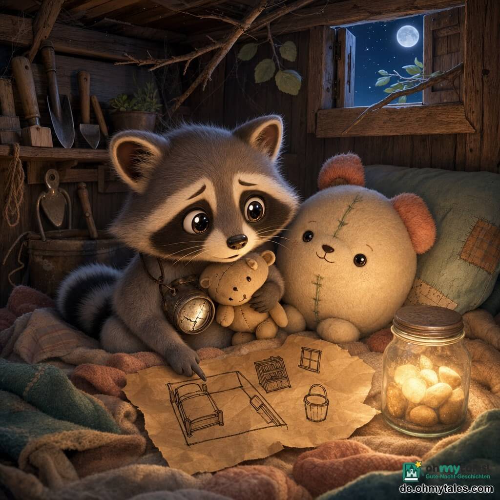 Kleiner Chibi-Waschbär (Hauptfigur), weiches grau-weißes Fell, große glänzende leicht besorgte aber entschlossene Augen, runde Ohren, trägt eine alte kaputte Taschenlampe um den Hals; sitzt auf einer Wolldecke, hält ein Schmusetier und blickt mit ängstlich-beruhigtem Ausdruck in den Raum. Pompom, rundes Chibi-Kuscheltier (Nebenfigur), abgenutzter cremefarbener Stoff mit rosa Ohren und sichtbarer grüner Naht, liegt schützend am Kissen. Ein Glasgefäß mit warmen Steinen dient als diffuse bernsteinfarbene Lichtquelle, neben einer zerknitterten Pappkarte mit einfachen Zeichnungen (Bett, Regal, Eimer, Fenster). Innenraum: altes Holzhäuschen mit sichtbarer Maserung, Werkzeug an der Wand, metallener Eimer, zarte Spinnweben und ein geöffnetes Lüftungsfenster mit einem Ast am Dachvorsprung. Nachtszene mit warm-kaltem Lichtkontrast, sanften Schatten, intime beruhigende Stimmung; Hauptkomposition auf Gesichter und kleine Hände, chibi-kawaii-Stil, warme Pastellfarben und sichtbare Holz- und Stofftexturen.