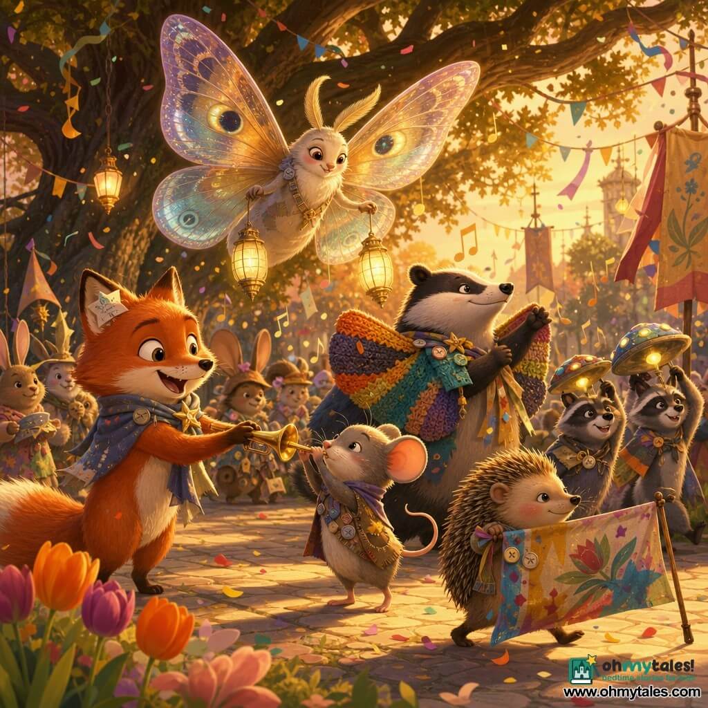A silky red anthropomorphic fox (the main character) smiles brightly, wearing a paper star pinned to its ear and a conductor’s scarf, offering a small golden trumpet to a tiny gray mouse who bravely blows into it with puffed cheeks at the center of the scene; above them Moth Madame, a large iridescent moth with glittering translucent wings lit by lanterns, gently guides floating lanterns with a soft expression; Buttercup Badger, a stocky spotted badger with colorful knitted wings, adjusts them near two mischievous raccoons holding teacup saucer “hats” that tinkle as they move; a shy hedgehog carries a paint-stained banner, walking proudly at the front. Setting: an old public garden beneath a centuries-old oak, a paved path lined with tulip beds, hanging lanterns and fabric banners, confetti and ribbons in the golden dusk. Main scene: a joyful carnival parade where costumes are patchworks of shared objects (buttons, feathers, scarves), visible floating music notes, warm light, movement, and a festive, conspiratorial atmosphere.