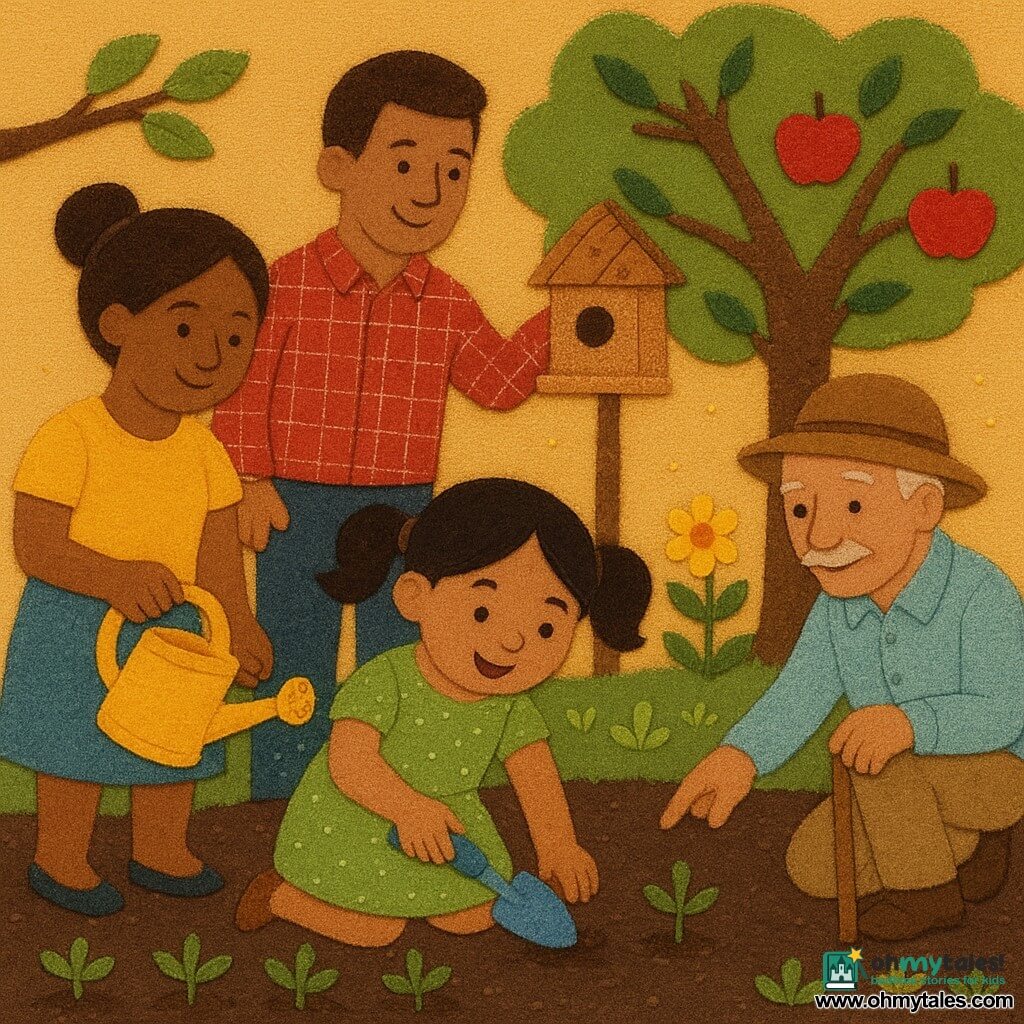 A joyful, curious 4-year-old girl with round face and black pigtails in a green polka-dot dress, dirty hands, planting peas with a small blue trowel; a smiling mother with brown tied hair and a simple skirt stands behind holding a yellow watering can; a father in a plaid shirt with sawdust on his shoulders raises a small wooden shelf for a bird feeder to the left under a branch; an elderly Mr. Lee in a round hat with a cane kneels to the right and gently points to a green sprout; a rich, colorful garden with dark textured soil, rows of small green plants, an apple tree with red apples in the background, yellow flowers and a hanging bird box on a string; a communal planting moment at luminous dusk with warm light, tiny fireflies, and visible sewn details—seams, layered fabrics, felt textures and button eyes on the birds—rendered in a soft palette of greens, yellows, reds and blues.