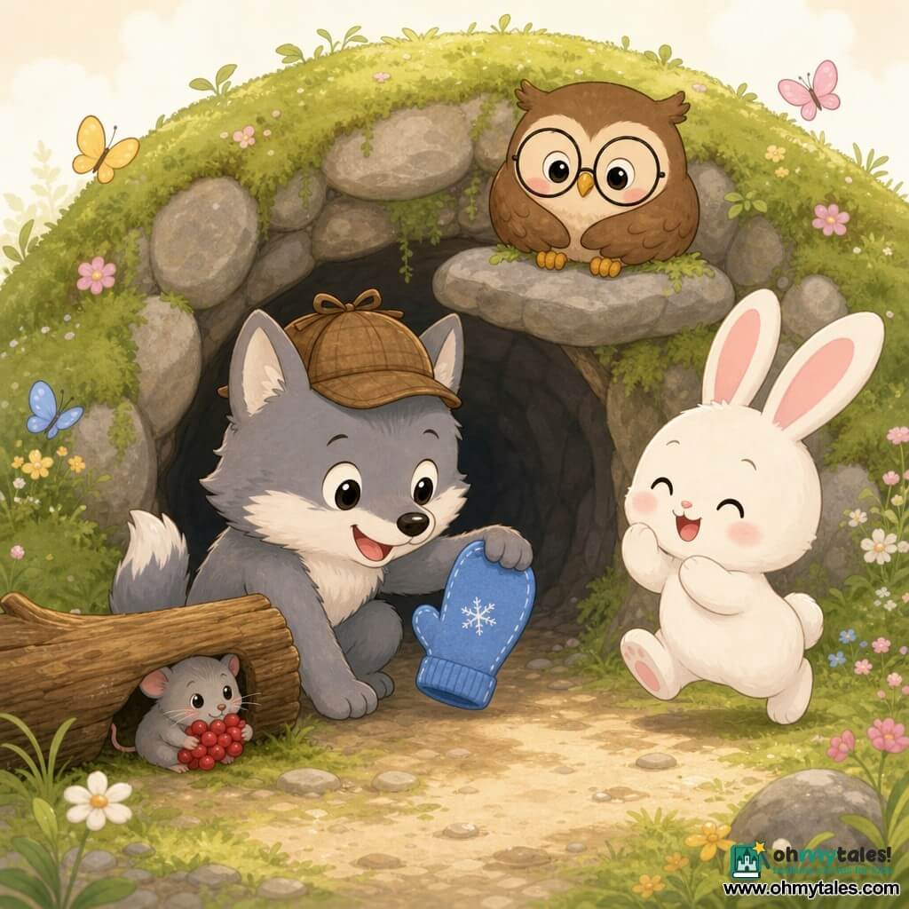 A joyful grey wolf wearing a small brown detective hat pulls a blue mitten from beneath a log at the entrance of a small cave, a bouncy white rabbit with pink ears applauds to his right, a round brown owl with cute glasses perches on a stone above the cave entrance, and a tiny grey mouse hides behind the log holding red berries; the scene is a warm, pastel-toned discovery at a grassy hill cave with mossy stone walls, simple rounded forms and soft lighting.
