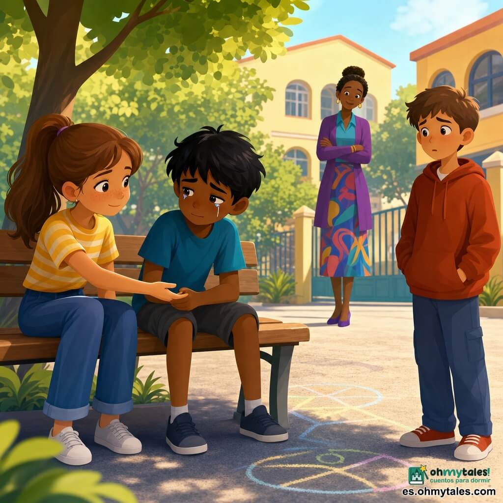 Niña de 10 años, Clara: rostro dulce con pecas, cabello castaño claro en coleta, gesto compasivo y decidido, sentada en un banco de madera tendiendo la mano a un compañero. Niño de 9 años, Marcos: pelo negro despeinado, ojos húmedos y mirada baja, encogido, sentado junto a Clara, aliviado pero tímido. Niño de 10 años, Tomás: postura erguida, pelo castaño corto, expresión sorprendida y avergonzada, de pie a unos pasos con las manos en los bolsillos observando la escena. Mujer adulta, la maestra Laura, 30–40 años: pelo recogido en moño, ropa profesional colorida, sonriente y alentadora a distancia. Lugar: patio escolar de día, suelo de grava clara, dibujos a la tiza, árboles con hojas verdes, portón y edificios escolares pintados de amarillo pálido al fondo. Situación: momento de consuelo y aceptación — Clara toma la mano de Marcos para invitarlo a jugar mientras Tomás se da cuenta de su error; ambiente emotivo pero sereno, colores cálidos y luz suave.