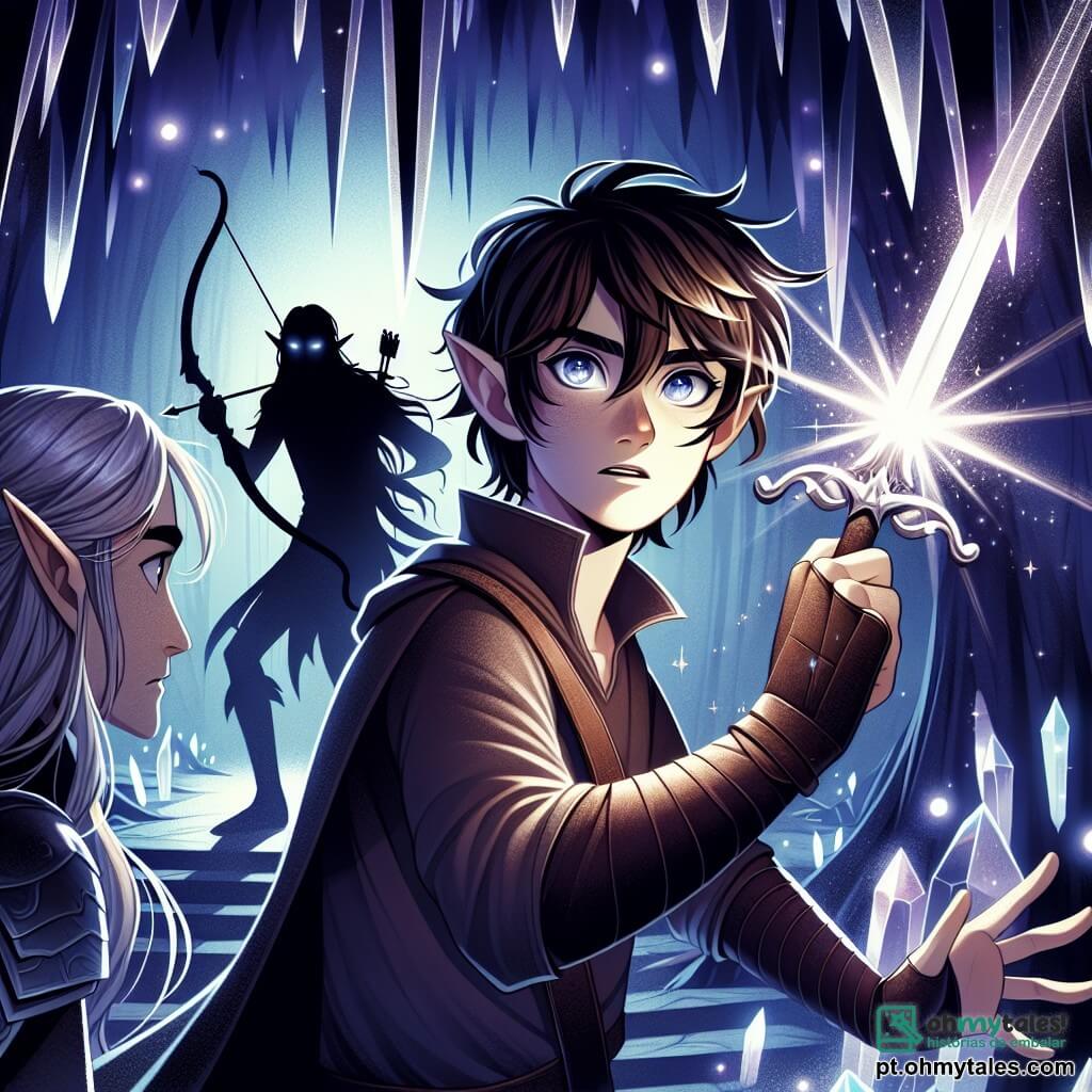 Um jovem chamado Aric, com cabelos castanho-escuros e olhos brilhantes como estrelas, está corajosamente no centro da imagem, brandindo uma espada cintilante, com a luz da magia emanando de sua lâmina. Sua expressão é determinada, mostrando que está pronto para enfrentar o perigo. Ao seu lado, um elfo chamado Elenion, com cerca de 120 anos, cabelos prateados e orelhas pontudas, observa atentamente, segurando um arco delicado pronto para atirar. O cenário é uma caverna misteriosa, iluminada por cristais que criam uma atmosfera mágica e inquietante. Aric e Elenion enfrentam uma silhueta ameaçadora, o Senhor das Sombras, que emerge das trevas. Aric, com a espada levantada, está pronto para defender a luz contra a escuridão, enquanto Elenion se prepara para ajudar seu amigo na batalha épica.