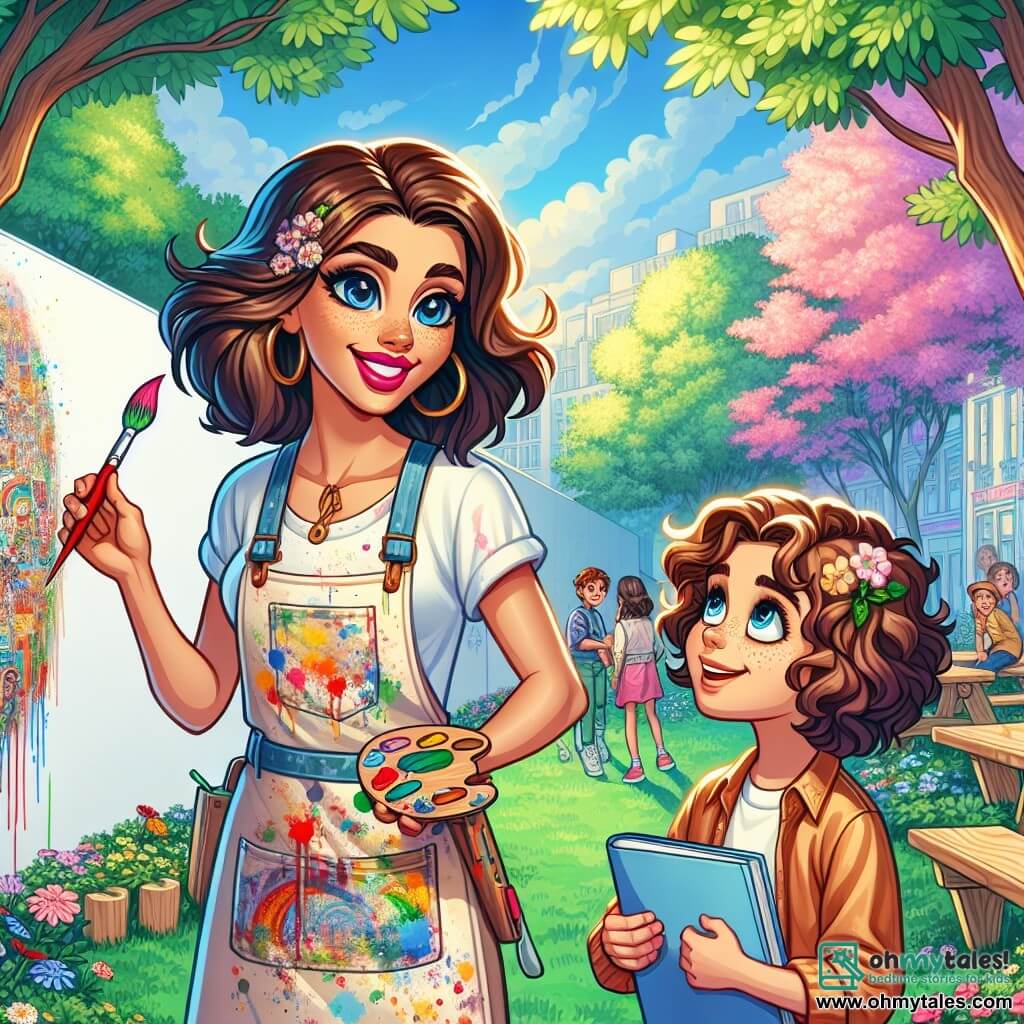 An artist, Ms. Rivera, stands in front of a large white wall, her eyes sparkling with excitement and a warm smile lighting up her face. She has brown hair tied in a bun, wears a paint-splattered apron, and holds a colorful brush in her hand. Next to her, an eleven-year-old girl with curly hair and sparkling eyes observes in wonder, holding a sketchbook in her arms. The vibrant park is filled with lush trees, colorful flowers, and children playing in the distance. The white wall, waiting to be transformed, is surrounded by picnic tables and wooden benches. In this scene, Ms. Rivera and the young girl enthusiastically discuss their ideas for the mural, while other children approach, curious to join this artistic adventure.